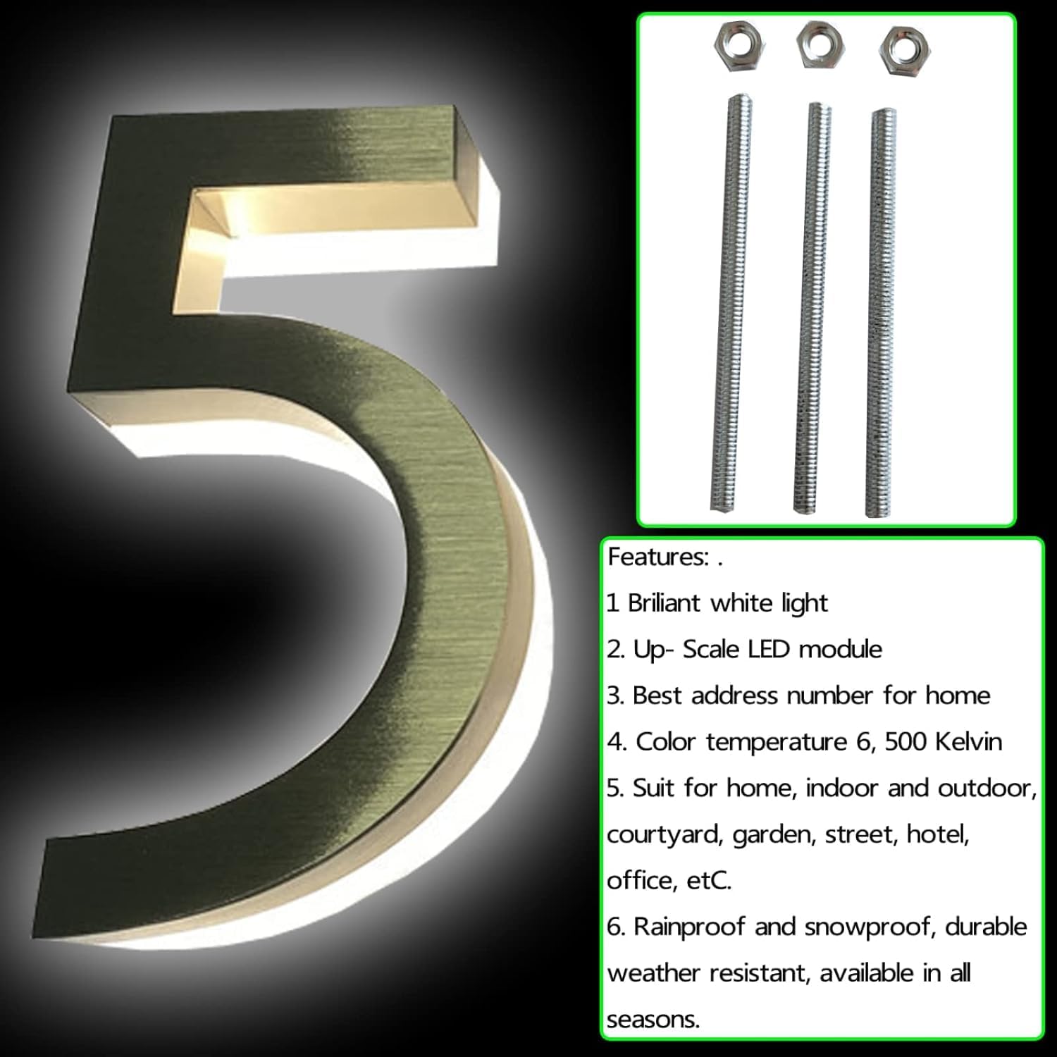 LED Address Numbers Backlit Floating LED House Address Numbers Brushed Gold Finish Stainless Steel Illuminated House Number For Outdoors.,6,9