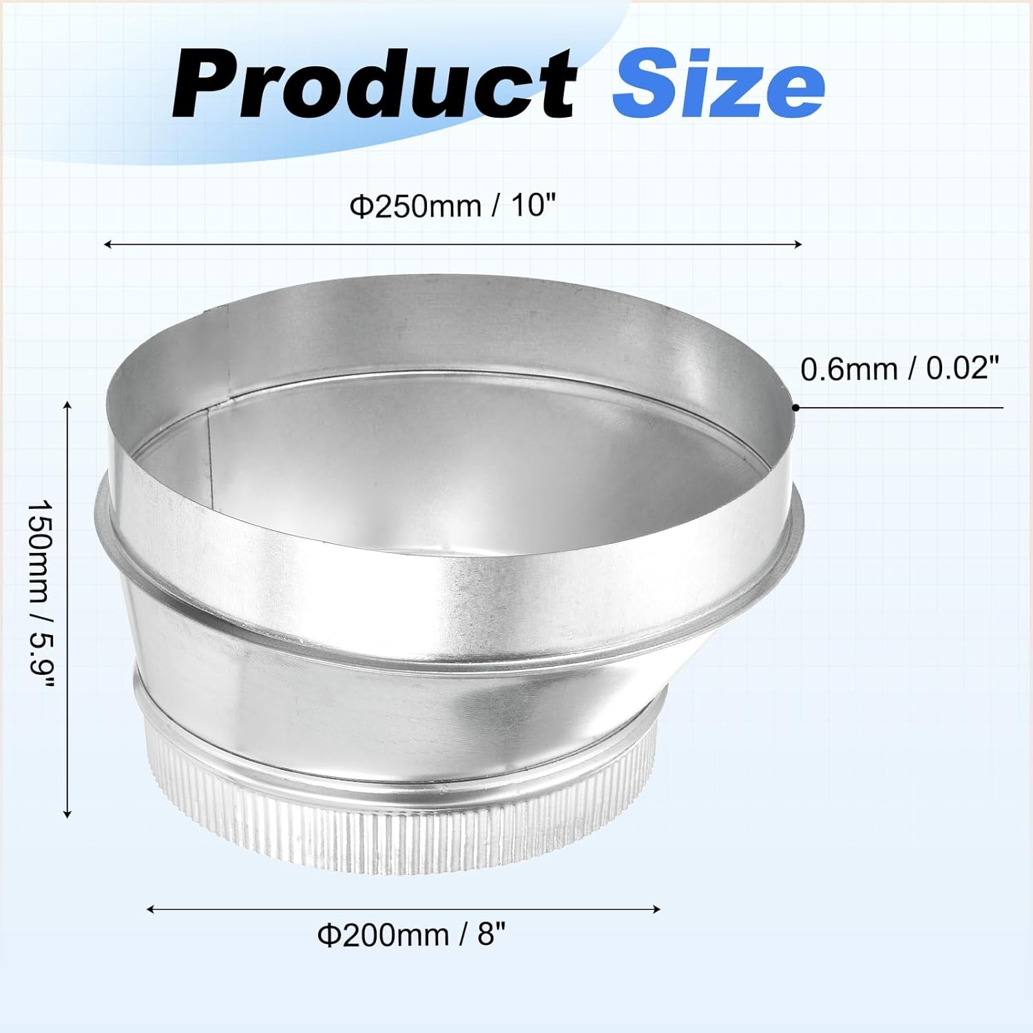 Eccentric Duct Reducer (10" to 8") - Galvanized Steel Crimped End Ducting Connector Increaser Round Air Duct Adapter Pipe Vent Inline Fitting for HVAC Ventilation System, Silver