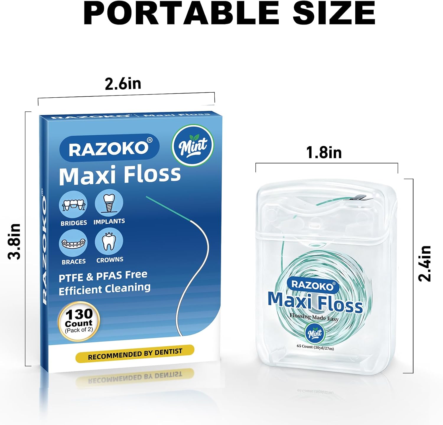 RAZOKO Threader Floss Convenient Time Saving for Braces,Implants and Wide Tooth Gaps,2-in-1 Expanding Waxed Dental Floss for Deep Clean,Gentle for Adults & Kids, (65 Count (Pack of 2), Mint)