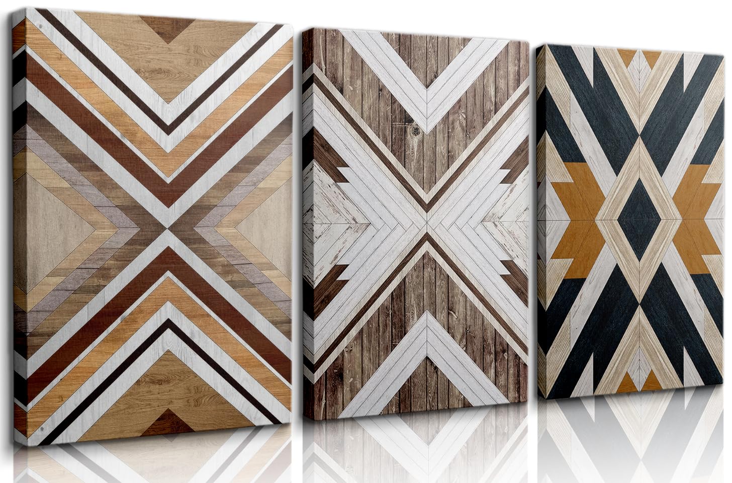 LMYSXAOZ 3Pcs Unframed Aztec Wood Canvas Wall Art Abstract Panel Geometric Posters Pictures Modern Boho Neutral Line Decor Western Grain Paintings Prints for House 16x24inch