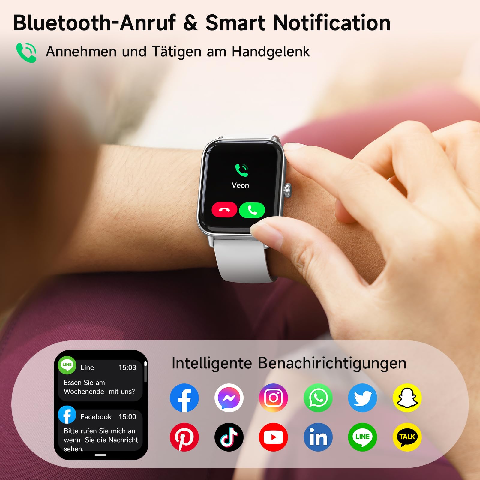 Smartwatch Damen 1.85" Smart Watch mit Alexa, Herzfrequenz/SpO2/Kalorien/Stress- und Schlafmonitoring, IP68 Wasserdicht Sportuhr mit Telefonfunktion, 100+ Sportmodi Fitnessuhr für Samsung Android iOS