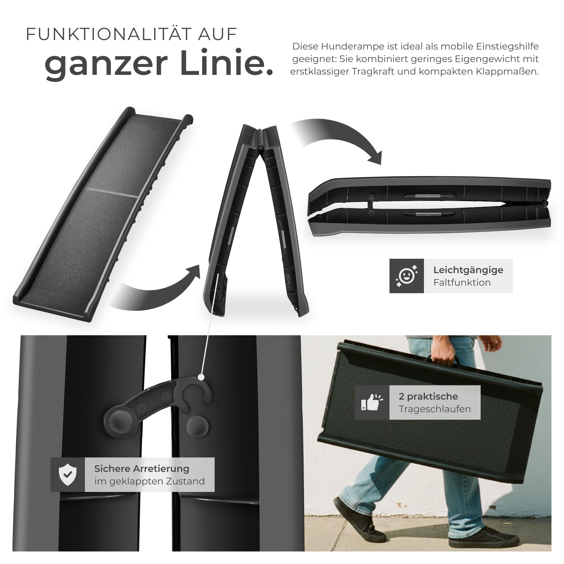 tectake® Hunderampe, klappbar und rutschfest, bis 90kg, Hunderampe Auto mit Kofferraumschutz, Haustiertreppe für Bett, Sofa und Treppen, Autorampe, Einstiegshilfe für PKW