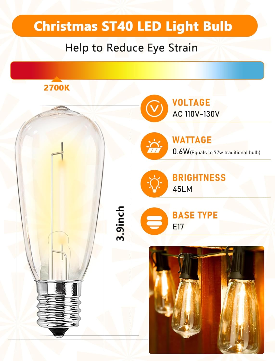 10 Pack Vintage LED Edison Bulb, ST40 Replacement Bulbs, E17 Led Light Bulbs for Outdoor Patio String Lights, Ceiling Fan, Chandelier, 2700K Warm White