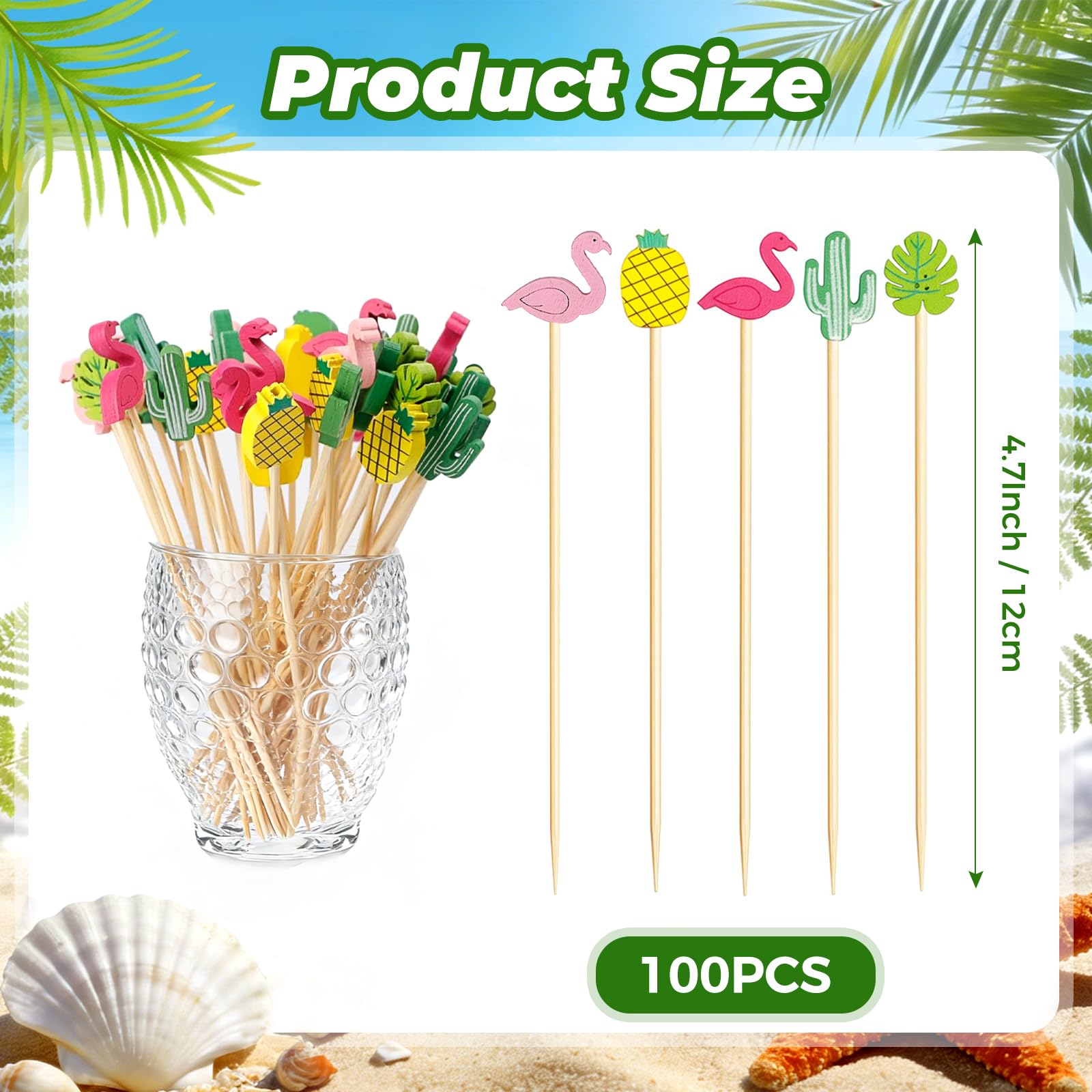 100 Palillos para Aperitivos Verano, Pinchos para Aperitivos Hawai, Palillos de Cóctel de Madera, Decoraciones Cócteles Graciosos, Decoración de Fiestas para Fruta, Postres, Tartas (Farbe-A)