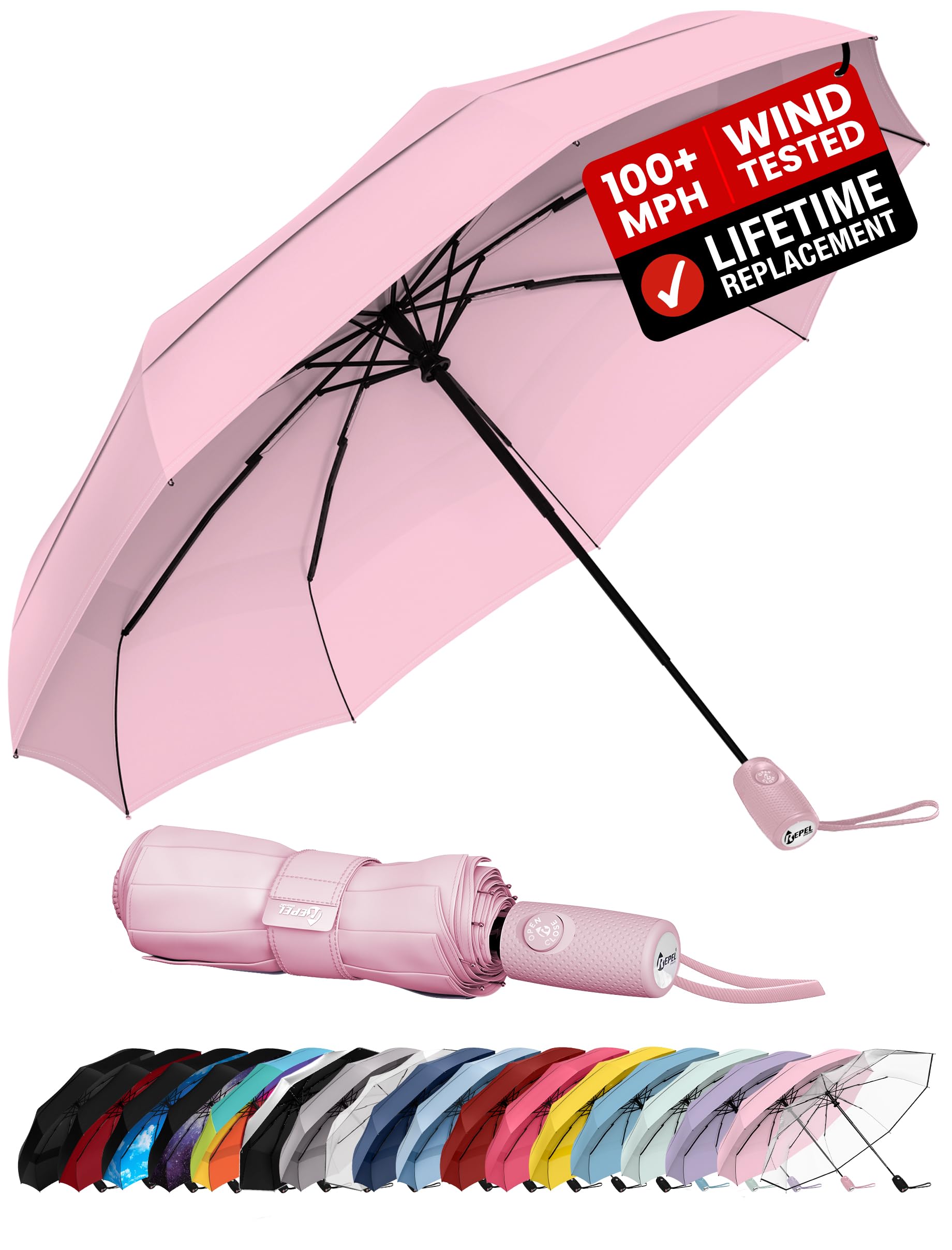 Windproof Travel Umbrella - Compact &amp; Withstands Winds up to 100MPH, Strongest Premium Auto Folding Umbrella for Rain and Sun - Durable, Light &amp; Portable for Women &amp; Men, Fits Backpack &amp; Cars