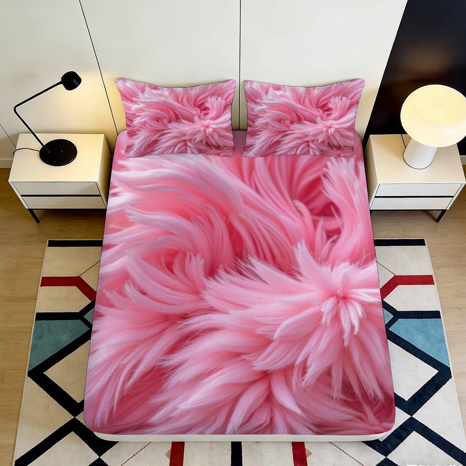 3D Printed Pink Fluffy Fitted Sheet Microfiber Soft Bedroom Decor Shaggy Pattern Mattress Cover for Home Dorm 90x200x25cm