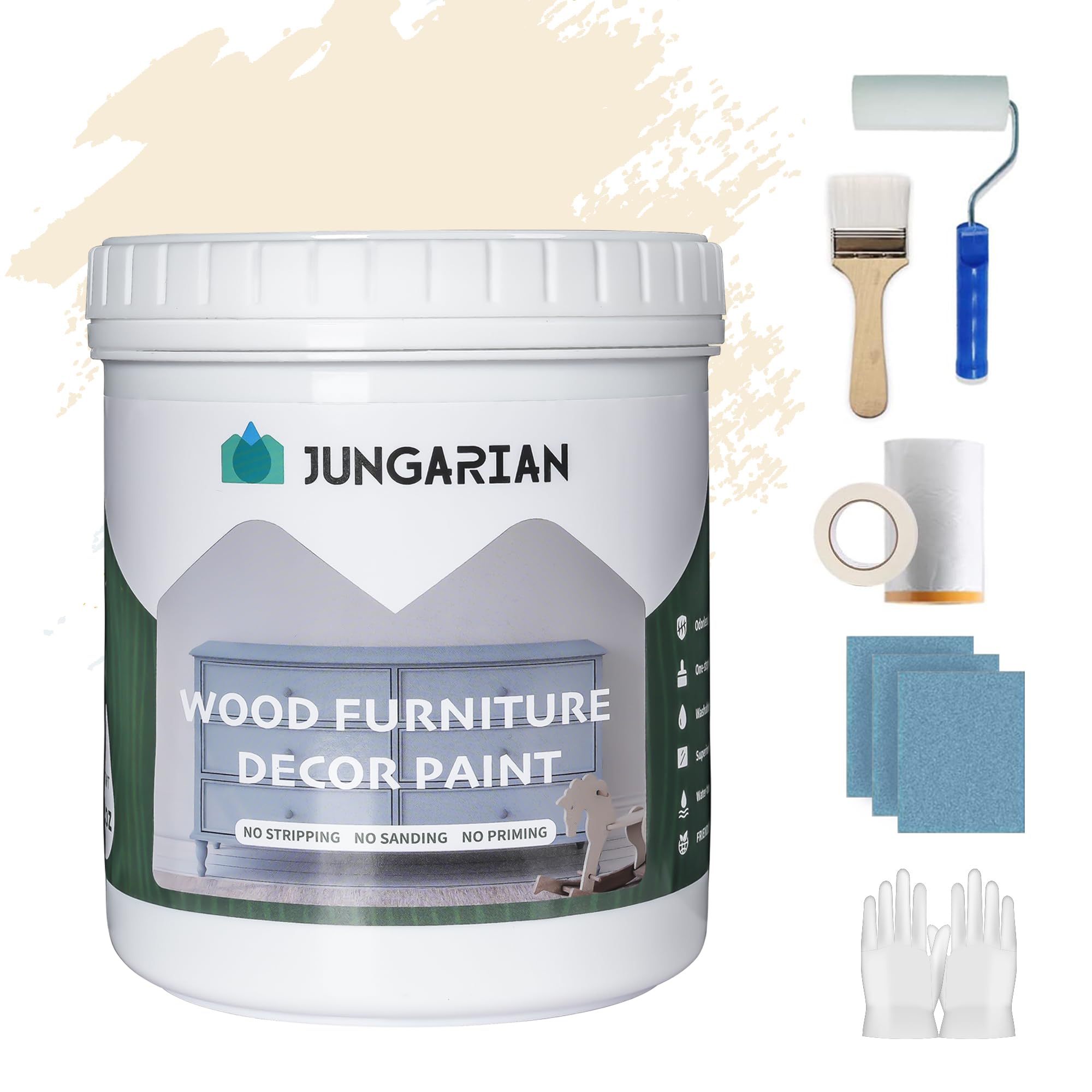 Jungarian Furniture Paint Kit 16oz with Tools - Water-based & Low Odor All-in-One No Sanding - Matte Finish Indoor Outdoor Wood Paint for Cabinets,