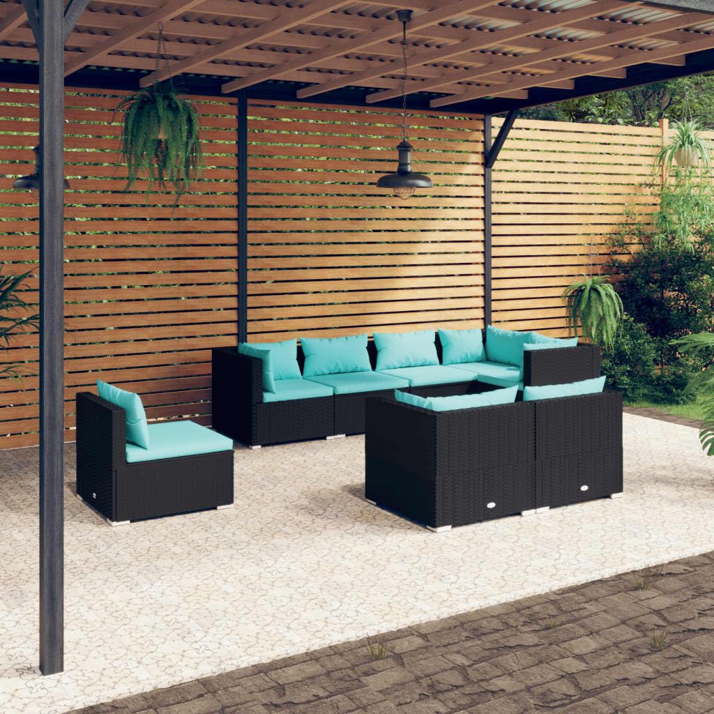 Set Divani da Giardino 8 pz in Polyrattan Modulare Nero | Salotto componibile da esterno in PE rattan con morbidi cuscini blu acqua. Ideale per relax in giardino, patio o terrazzo.