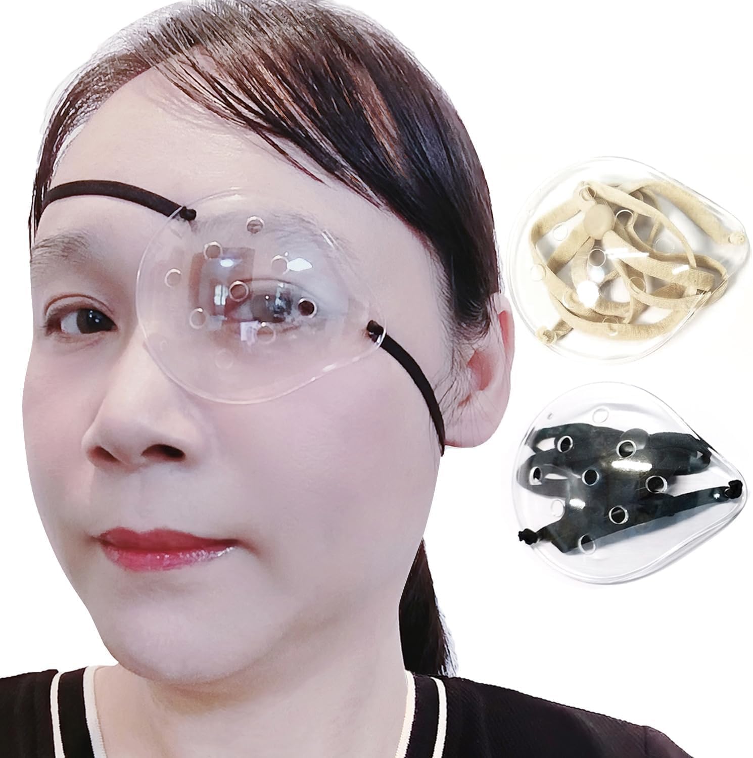 AMZVIO 2pcs Eye Shield After Cataract Surgery,Eye Shield for Sleeping after Surgery,Extended Elastic Band Longer & Wider for Adults Eye Protector Clear Eye Patch (Black+Beige)
