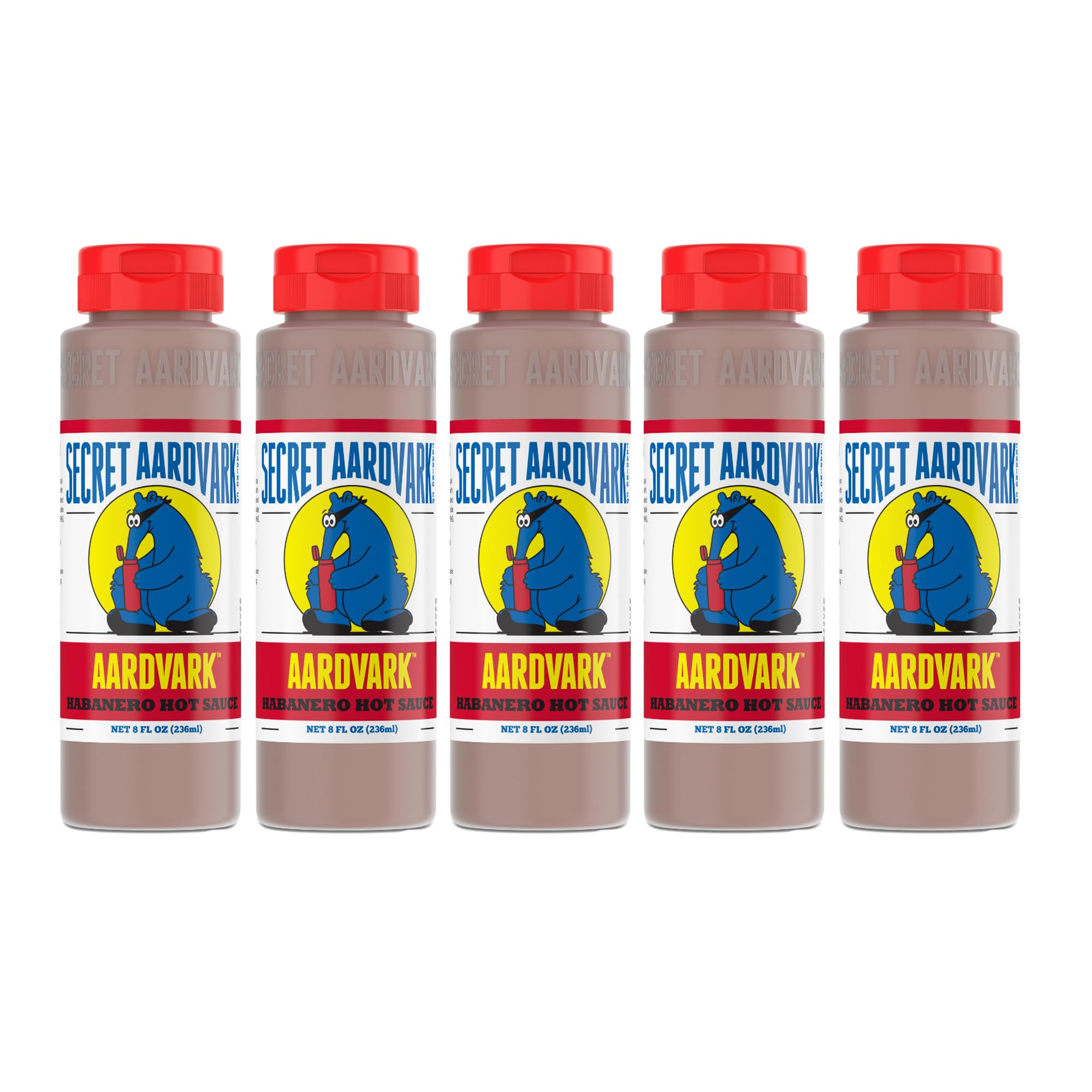 Secret Aardvark Habanero Hot Sauce - Habanero Peppers & Roasted Tomatoes, Medium Spiced Hot Sauce, BBQ Sauce, Non-GMO, Low Sugar, Low Carb, Hot Sauce & Marinade - 8 fl oz 5 Pack