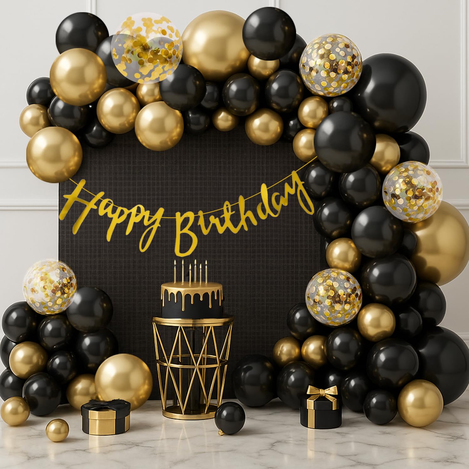 Party Propz Black and Golden Balloons Birthday Decoration Kit - 37Pcs for Men, Boys, Husband, Golden Balloons for Birthday, Happy Birthday Banner | Black Theme Decoration | Gold Theme Decoration