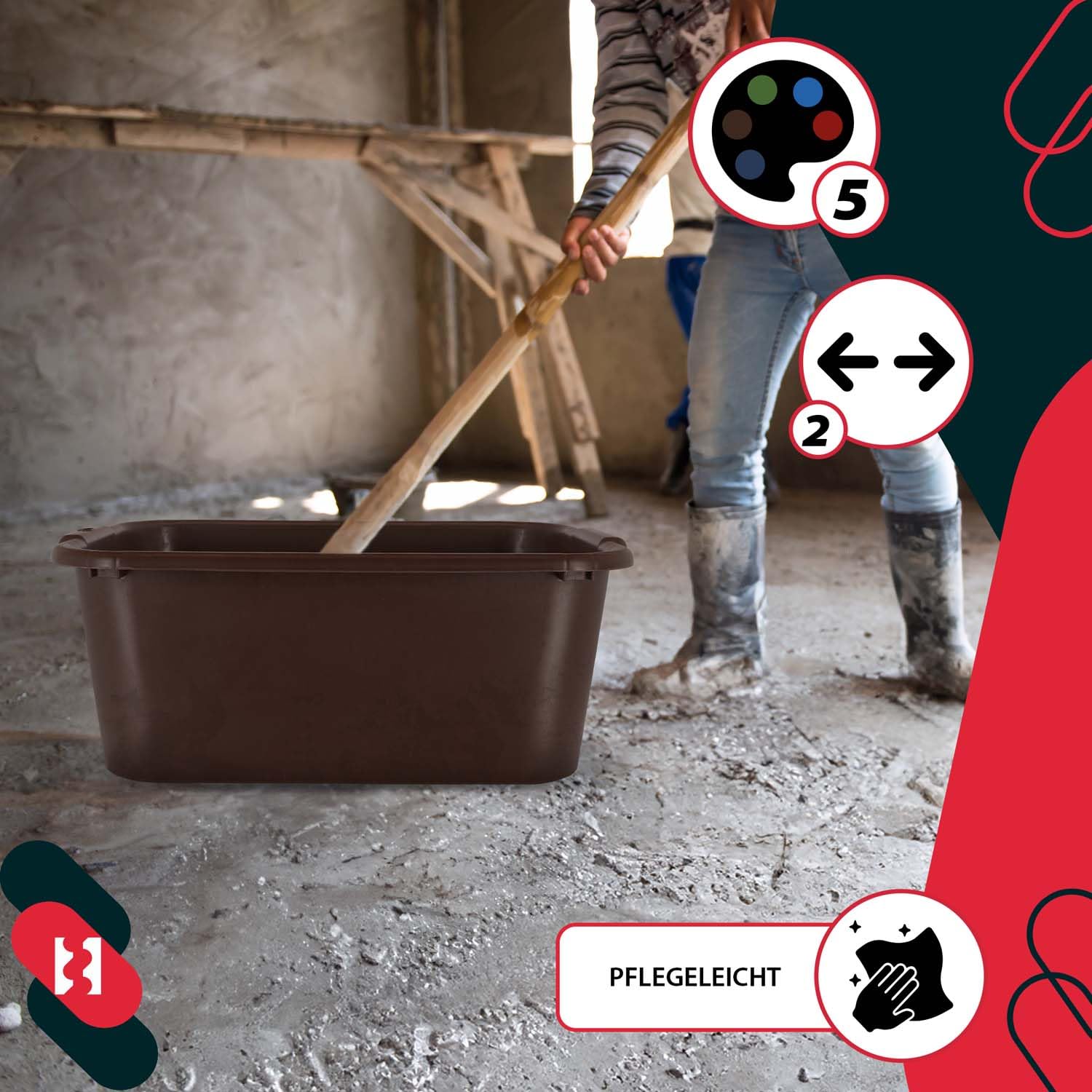 KOTARBAU® Bac à mortier carré 45 l en plastique marron Bac à mortier Bac à mortier Seau de construction Seau à mortier Bac à nourriture Cuve de maçon Bac à plantes