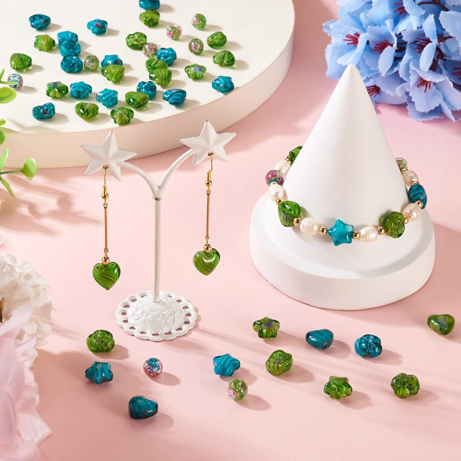 Cheriswelry 80Pcs Handmade Millefiori Lampwork Glass Beads Round Heart Star Flower Crystal Glass Loose Spacer Bead 8-12mm for Earring Bracelet Necklace Jewelry Making - Image 2