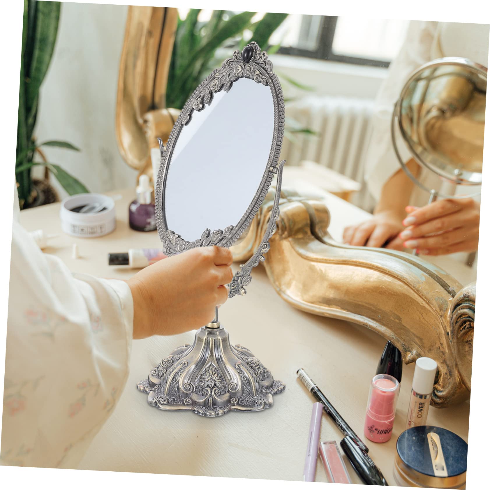 Beavorty Vintage Tischspiegel aus Zinklegierung, Doppelseitig Drehbar | Schminktischspiegel für Makeup und Hochzeit, Flacher Standfuß, Europäischer Stil, Hohe Definition