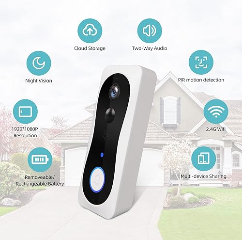 Miniatura 7 de Cámara de timbre, timbre inteligente con 1080P FHD, audio de 2 vías, visión nocturna, detección de movimiento PIR, notificaciones en tiempo real,