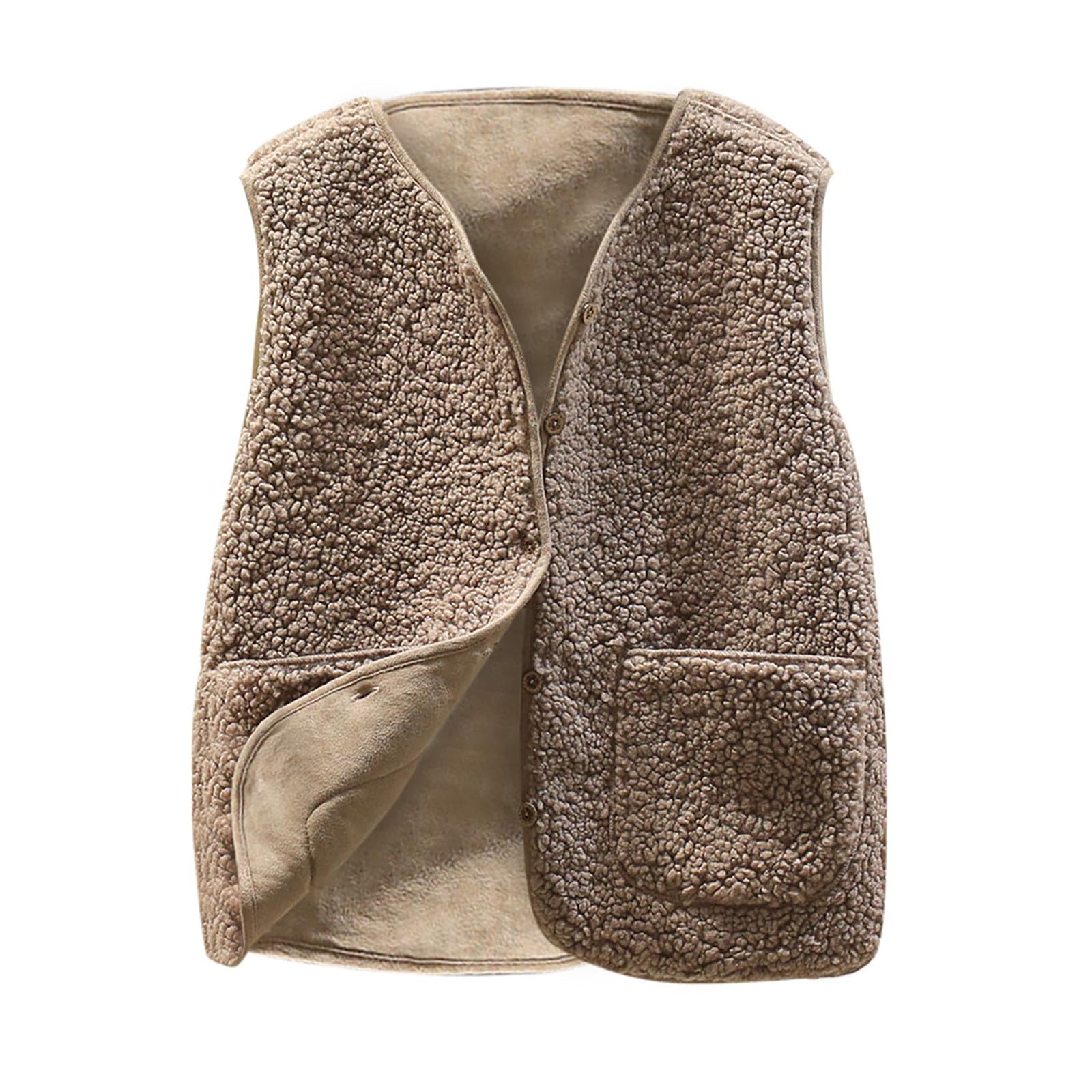 Weste Damen Ärmellose V-Ausschnitt Fleeceweste Einfarbig leicht Fellweste | Teddy Fell Plüschweste，Herbst Winter Übergangsweste，Casual Kurz Teddyweste，Warm Lammfellweste，mit Knöpfen