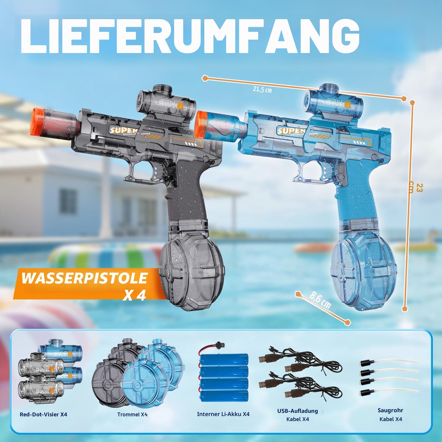4 Pack Wasserpistole Elektrisch, Wasserpistolen mit Cooler LED-Flamme, 8-10 M Reichweite, Wasserpistole kinder für Schwimmbad, Strandparty, Sommer-Spielzeug im Freien für Jungen und Mädchen 3-12 Jahre