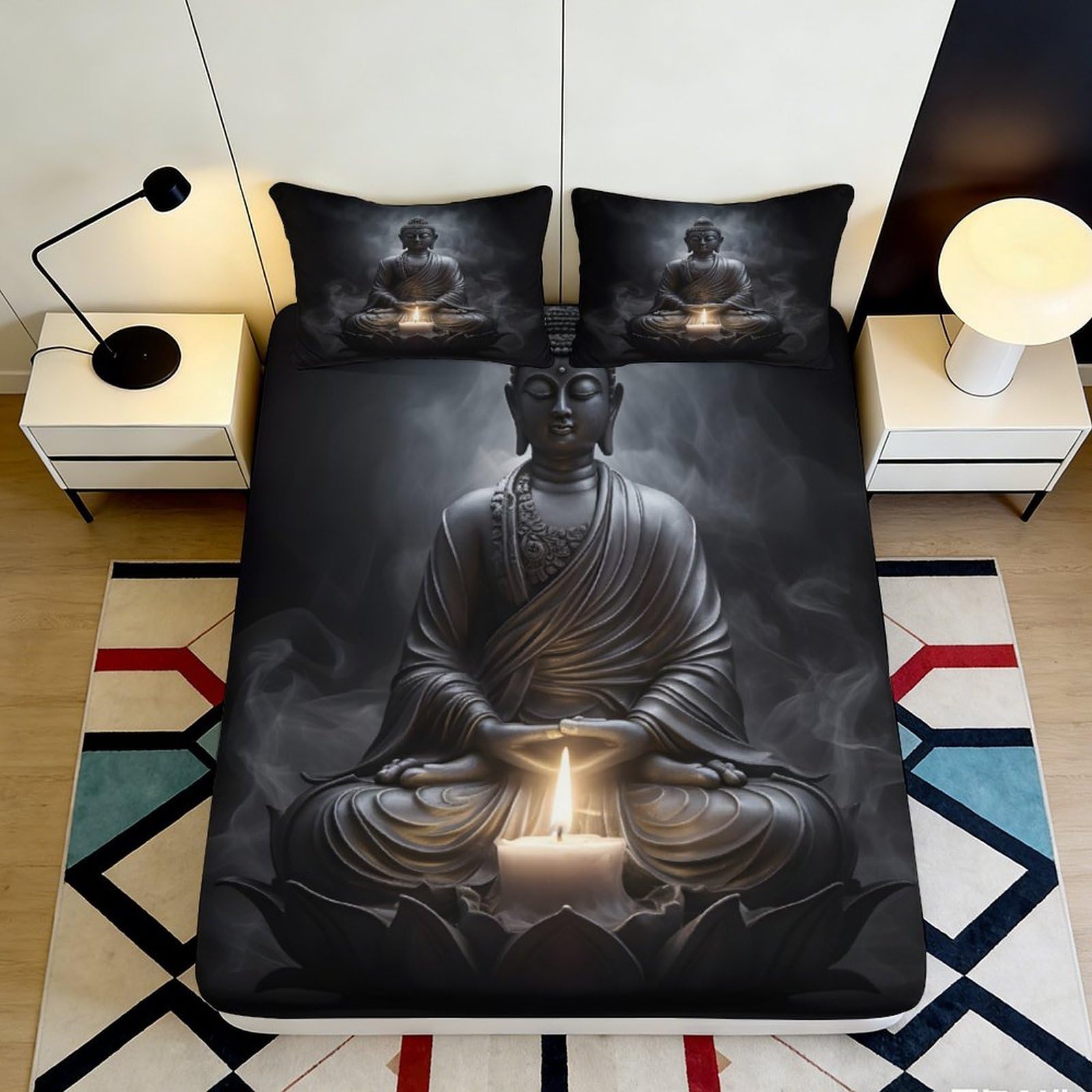 3D Printed Buddha Candle Fitted Sheet Microfiber Soft Breathable Zen Meditation Bed Cover for Bedroom Guest Room Decor 90x200x25cm