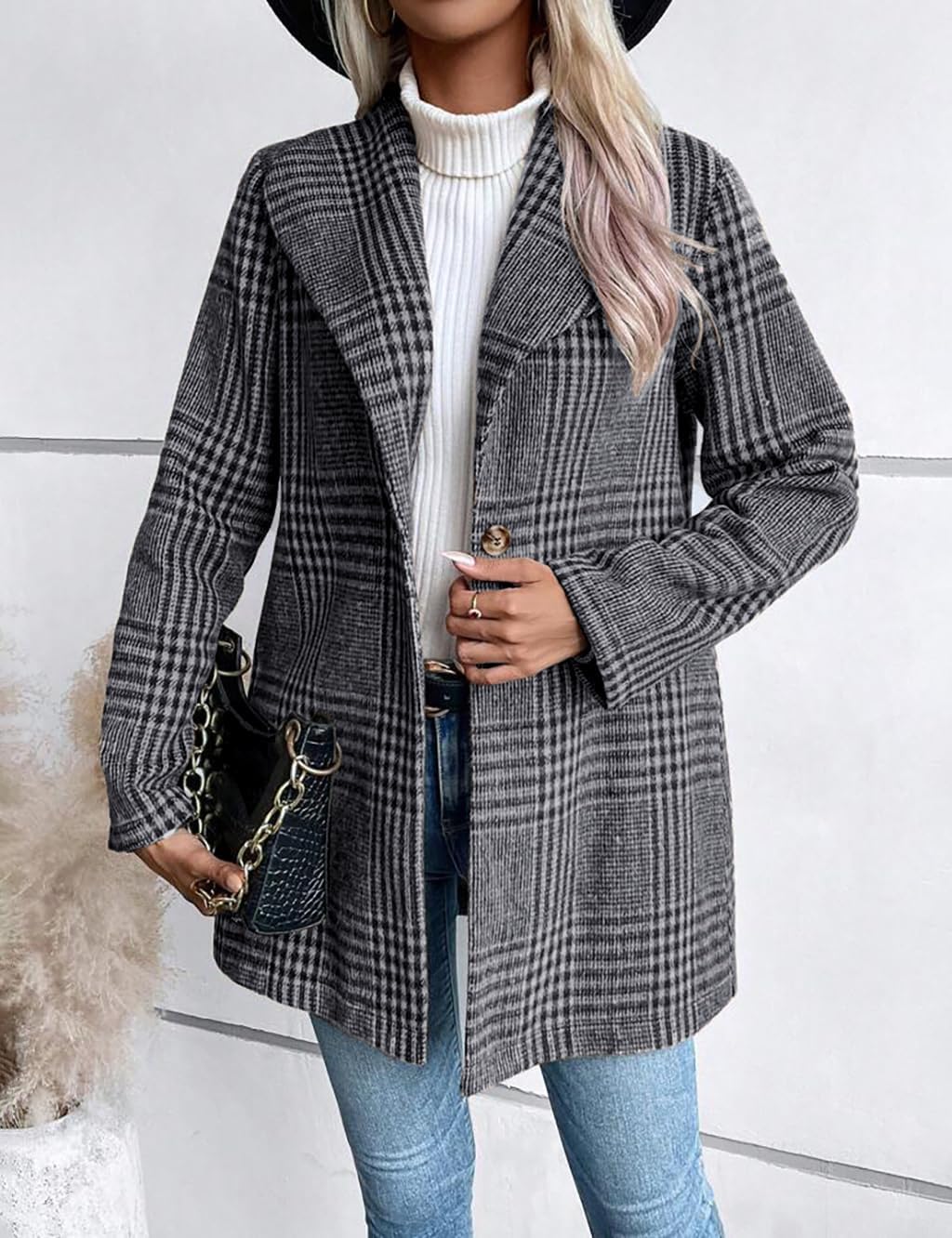 IDEALSANXUN Blazer long en laine à carreaux pour femme - Tenue d'automne - Trench d'hiver à manches longues - Décontracté - Veste habillée à revers - Caban