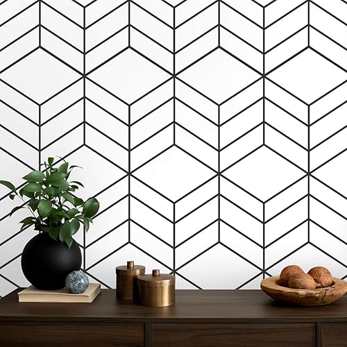 LiKiLiKi Papel tapiz geométrico en blanco y negro, moderno papel tapiz autoadhesivo de 17.3 x 197 pulgadas, papel de contacto bohemio, papel tapiz