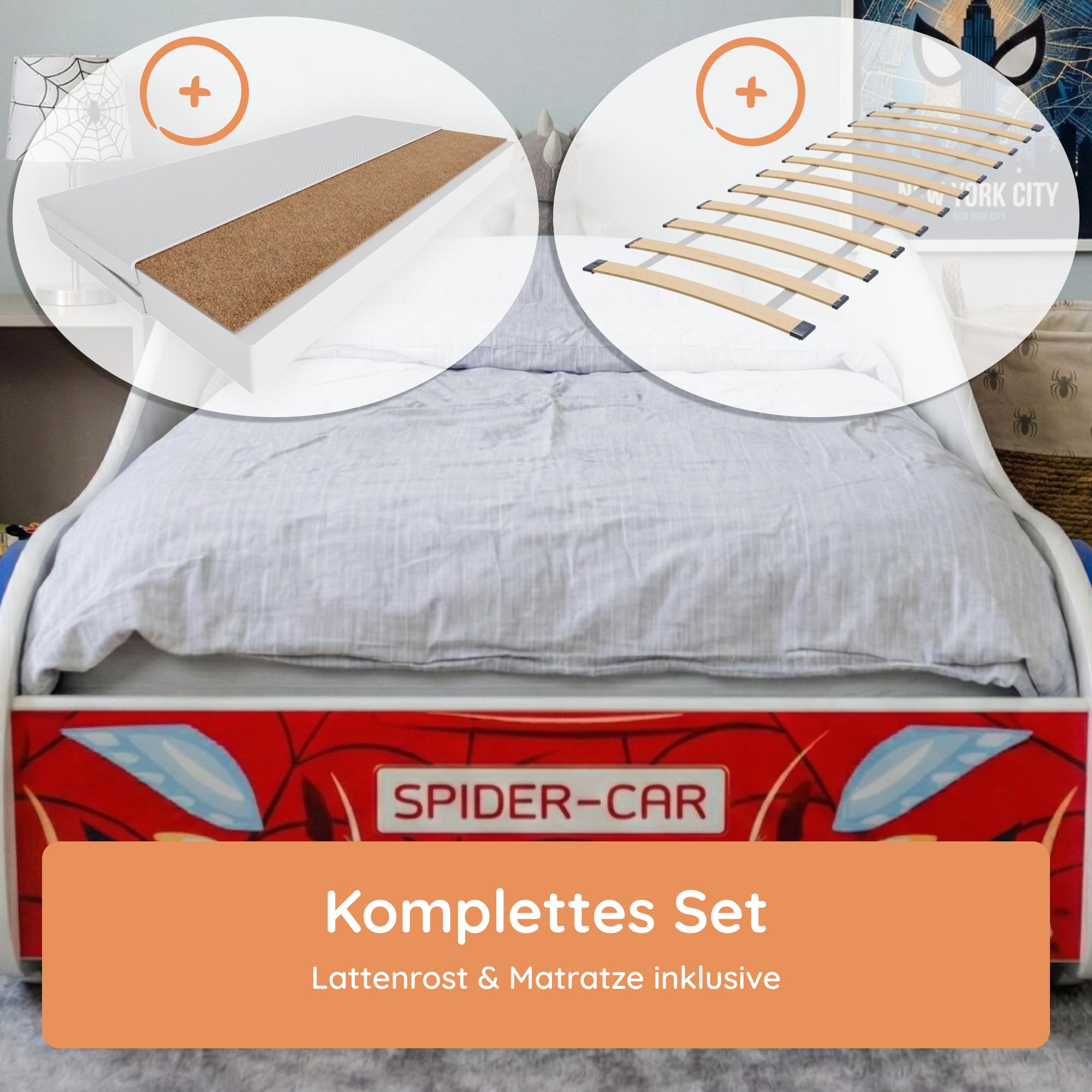 Kids Collective Autobett Kinderbett Jugendbett 70x140 | 80x160 mit Rausfallschutz & Matratze | Kinder Spielbett Rennfahrer