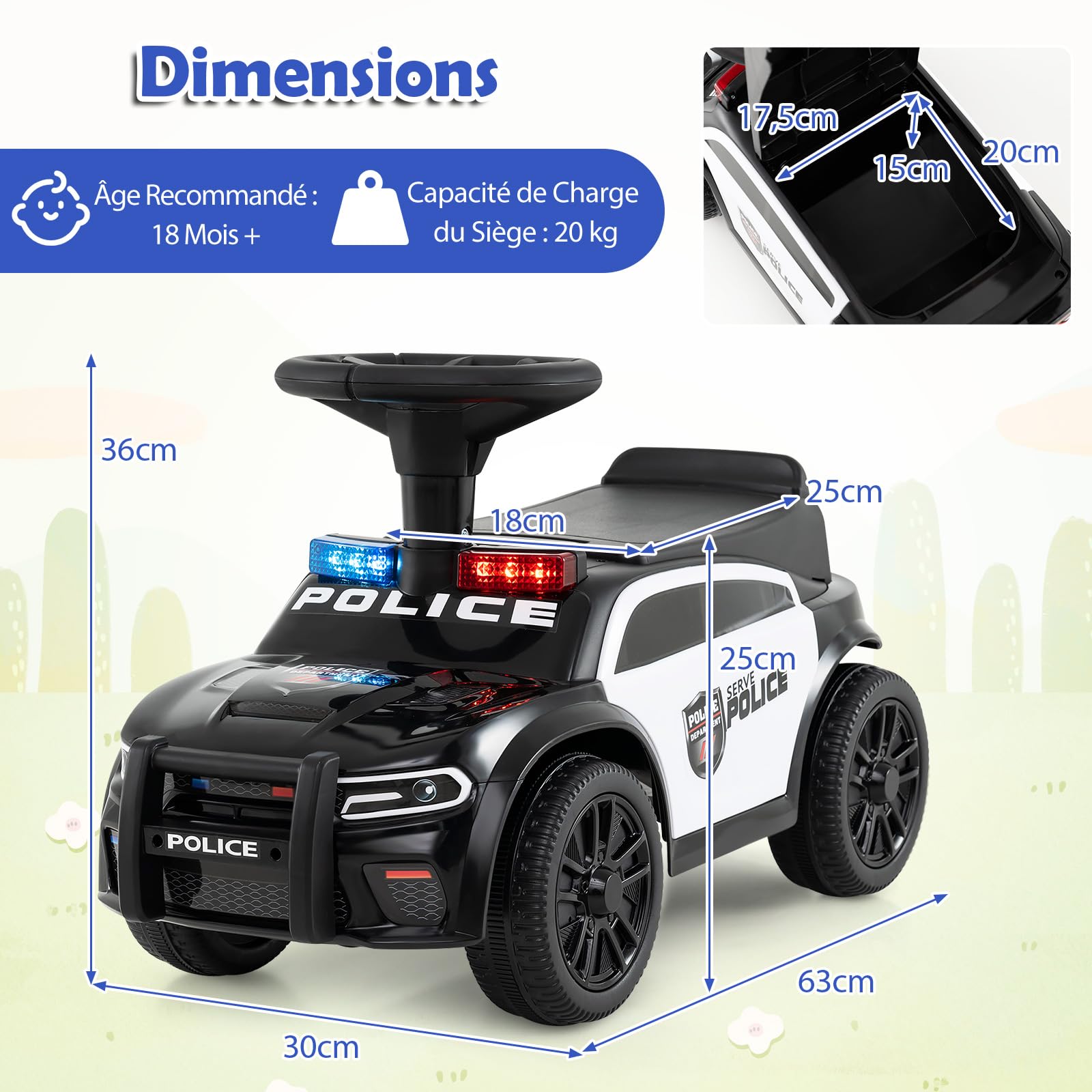 COSTWAY Porteur Enfant de Police avec Lumières Clignotantes, Musique et Sirène, Véhicule à Pousser avec Coffre à Jouets sous Siège, Dispositif Anti-basculement, Charge 20kg pour 18 Mois+ (Noir)