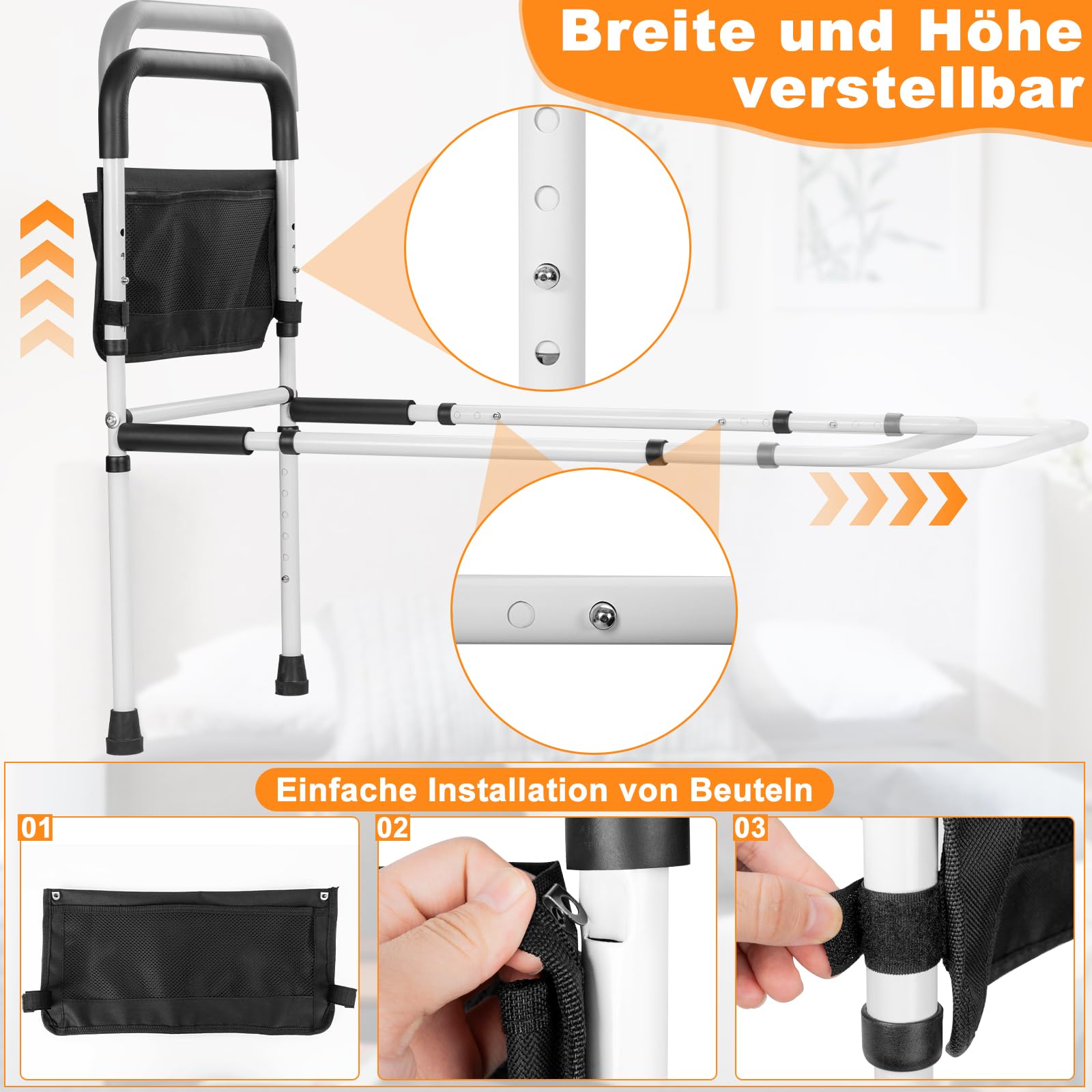 OUUTMEE Supporto per letto per anziani, con custodia, altezza del manico regolabile in 5 livelli, con design delle gambe, aiuta gli anziani ad alzarsi e a dormire, bianco