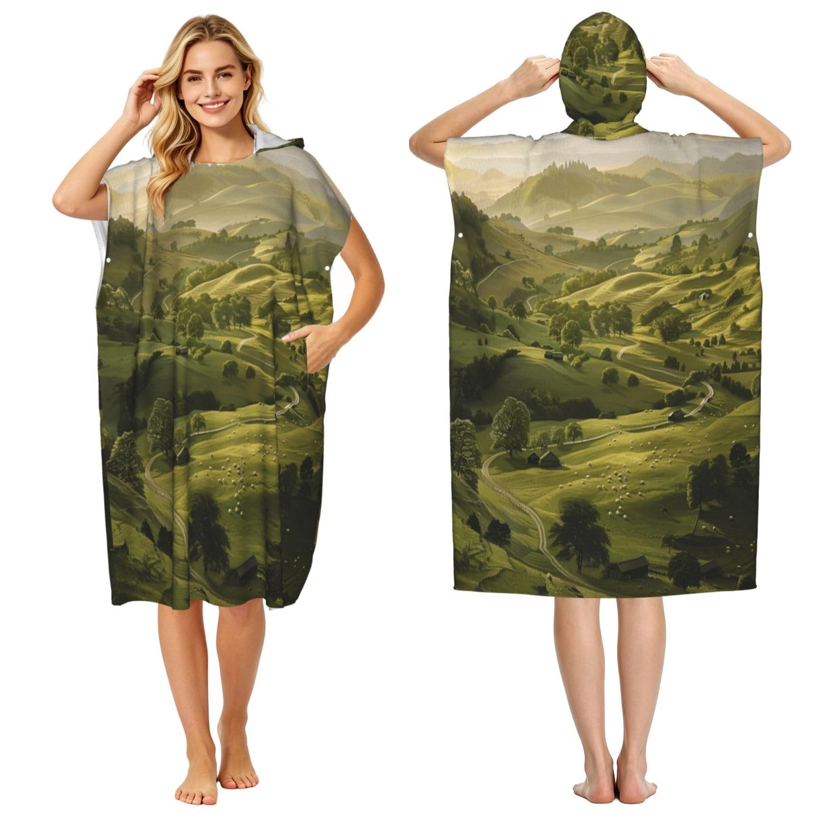 Poncho de plage pastoral à capuche pour adulte 109 x 89 cm
