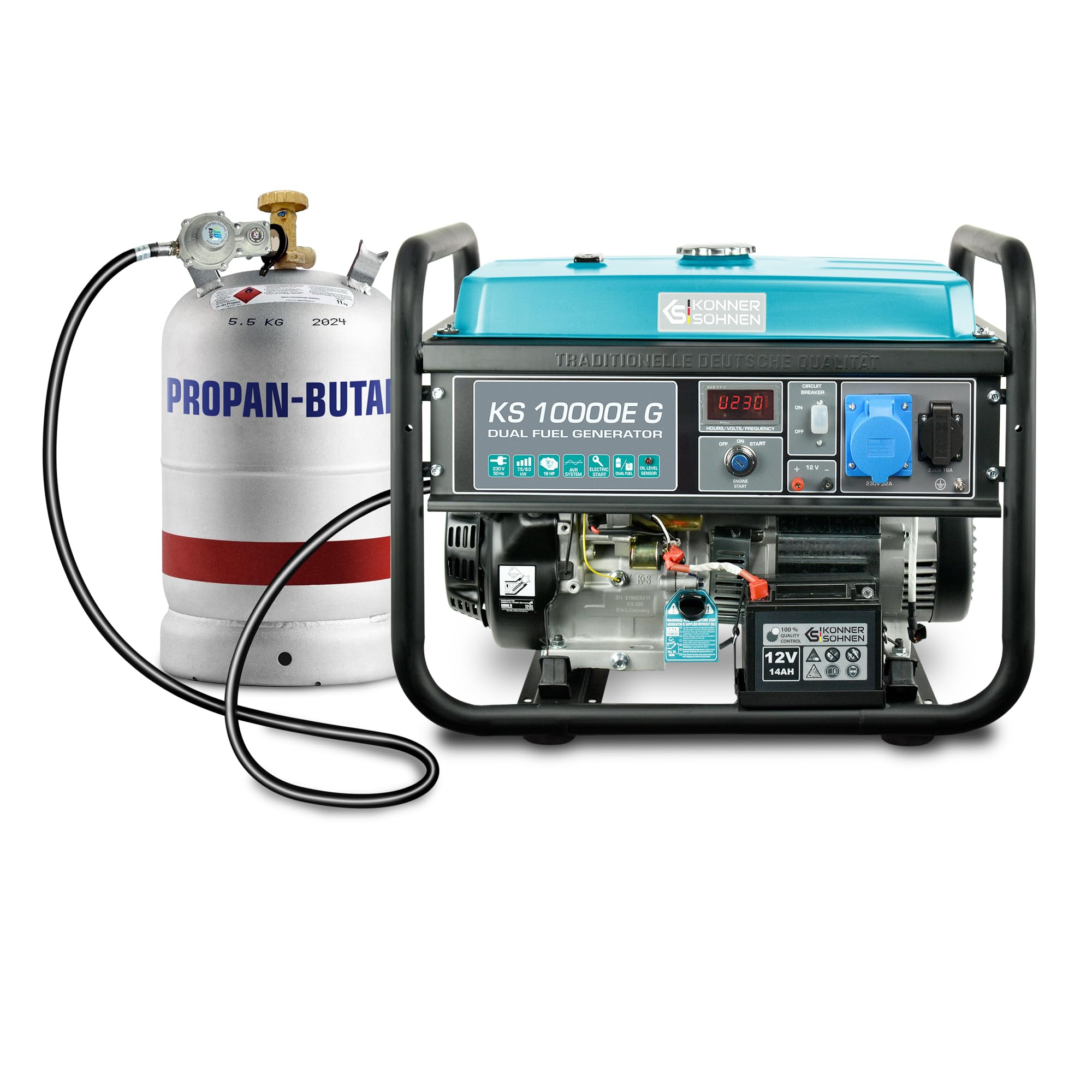 Generatore ibrido a benzina e gas KS 10000E G Serie DUAL FUEL potenza massima 8000W, 1x16A, 1х32 (230V), 12V, regolatore automatico di tensione (AVR), protezione sovraccarico e cortocircuito…