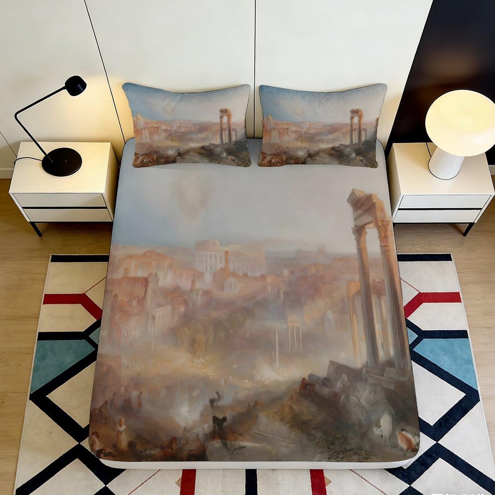 3D Printed Ancient Rome Landscape Fitted Sheet Microfiber Soft Artistic Cityscape Bed Sheet for Bedroom Decor 90x200x25cm