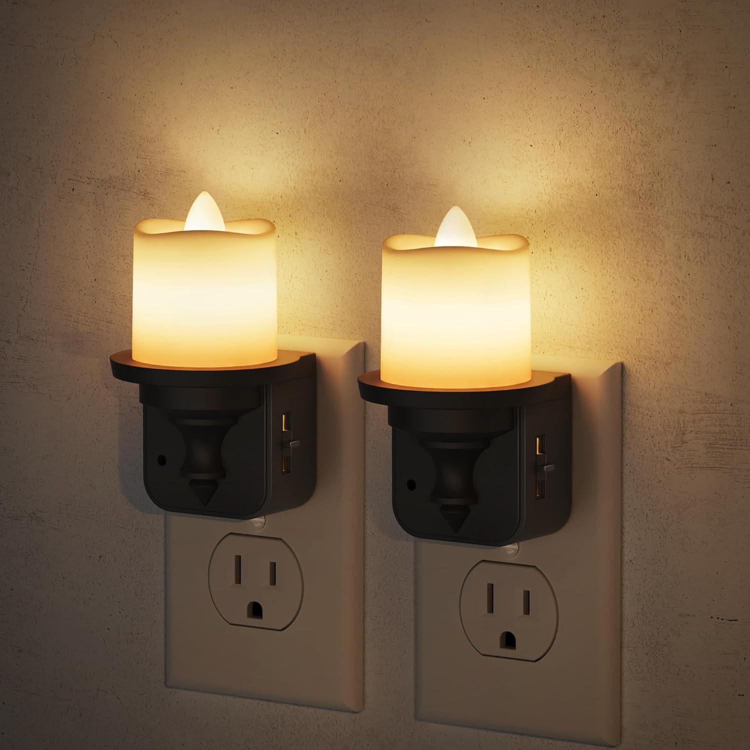 JandCase Flameless Candle Night Light 2 Pack Night Lights Plug into Wall 3000K Soft White 0-100LM Dimmable Nightlight