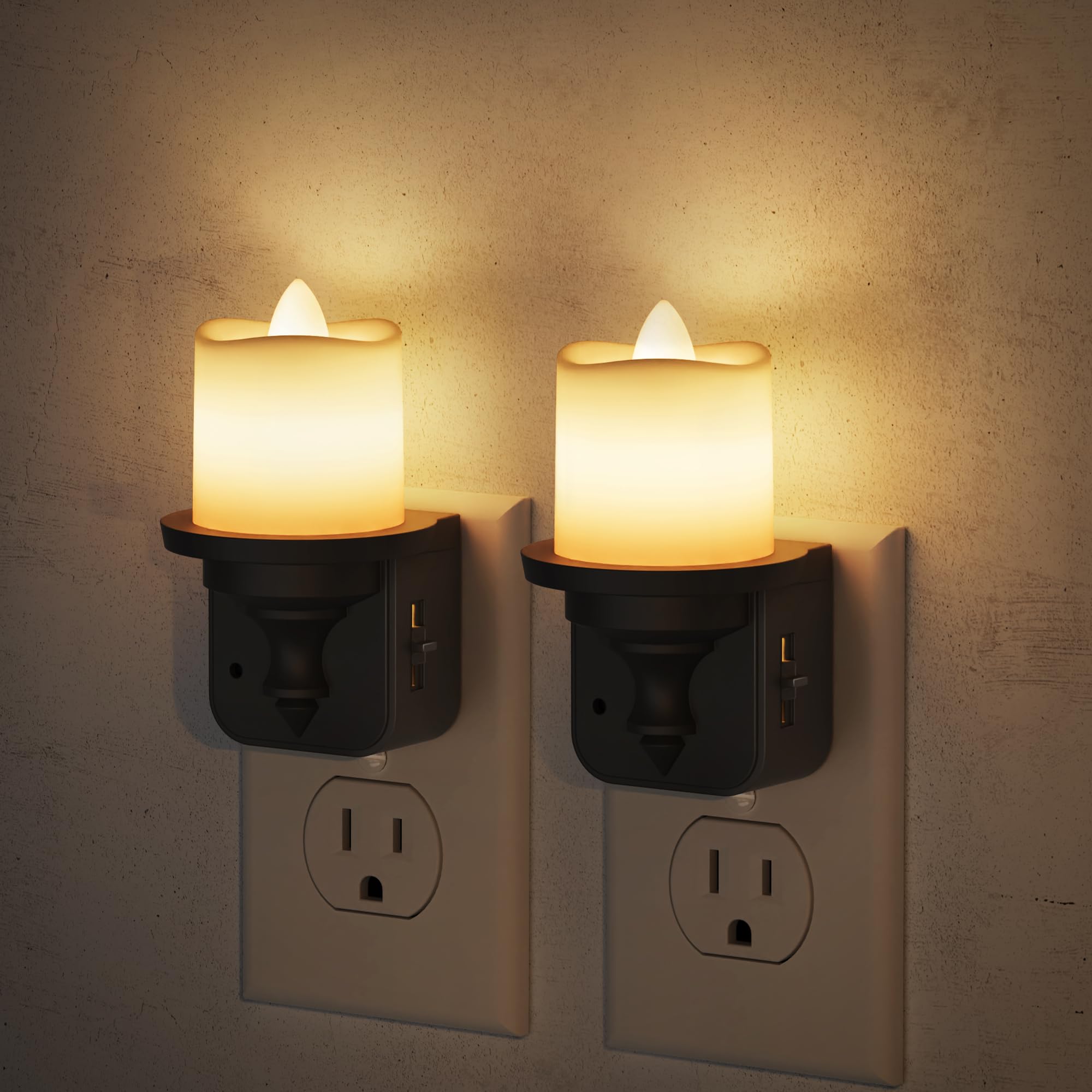JandCase Flameless Candle Night Light 2 Pack Night Lights Plug into Wall 3000K Soft White 0-100LM Dimmable Nightlight