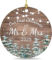 Vista 1 de Jnglr Adorno navideño de matrimonio con texto en inglés "Our First Christmas 2025", decoración rústica de Navidad de doble cara, acrílico 3