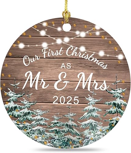 Jnglr Adorno navideño de matrimonio con texto en inglés "Our First Christmas 2025", decoración rústica de Navidad de doble cara, acrílico 3