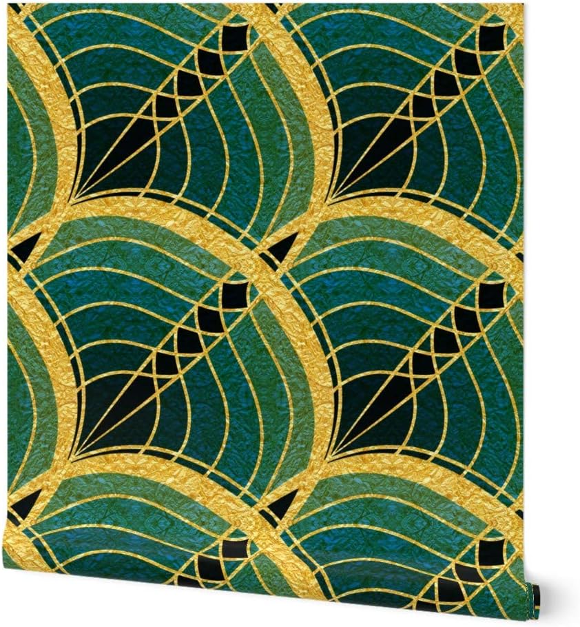 Spoonflower Peel & Stick Wallpaper 3ft x 2ft - Gold Art Deco Wave Cyan Teal Tile Deep Blue Midnight Green Black Pattern Custom Removable Wallpaper