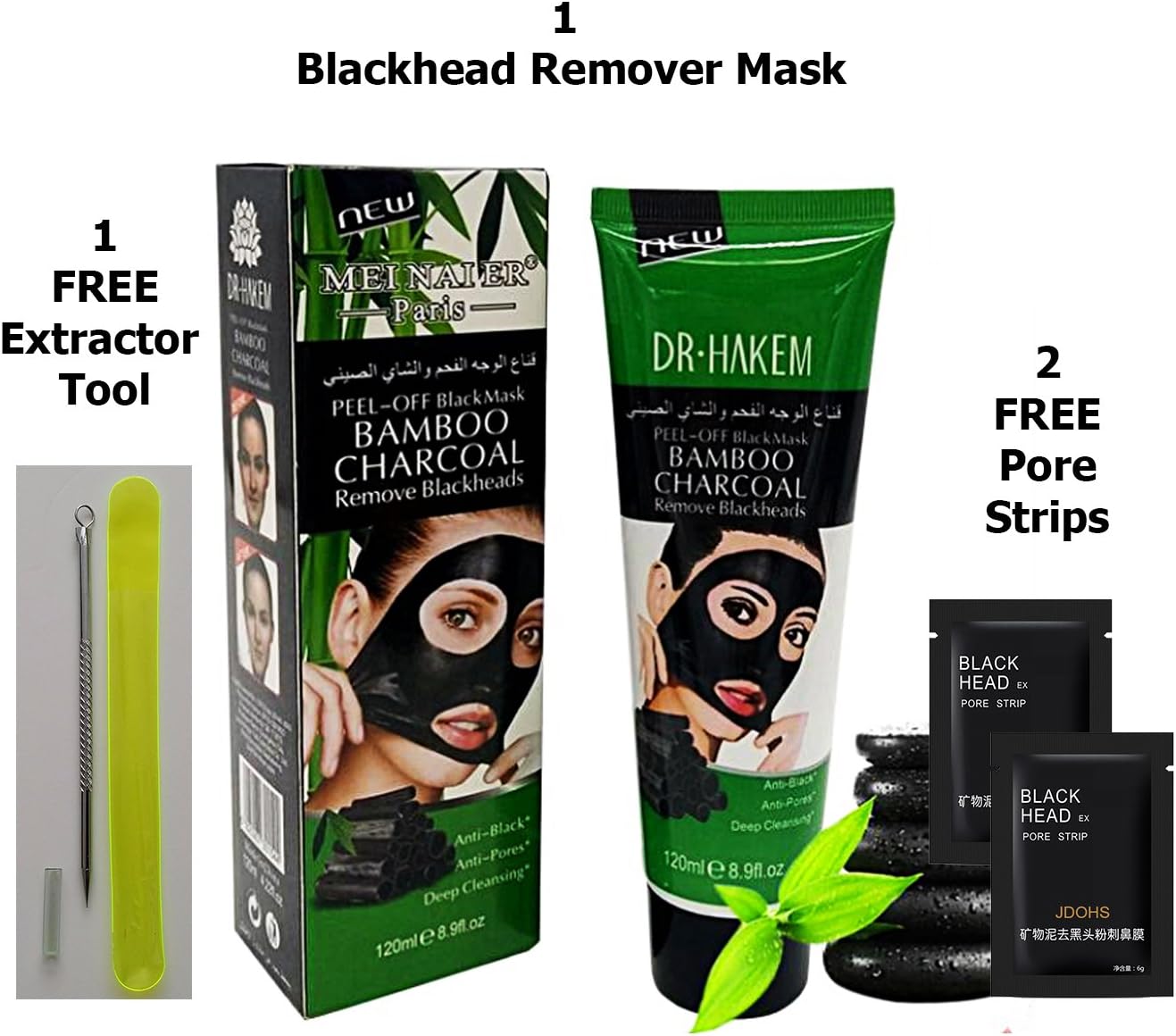 1 Black Mask 1 Extractor 2 Pore Strips Large Deep Cleansing Charcoal Facial Mask Peel Off Blackhead Remover for Face Blackheads Pimples Clogged Pores Whitehead Blemish Acne Treatment Anti-Aging Effect