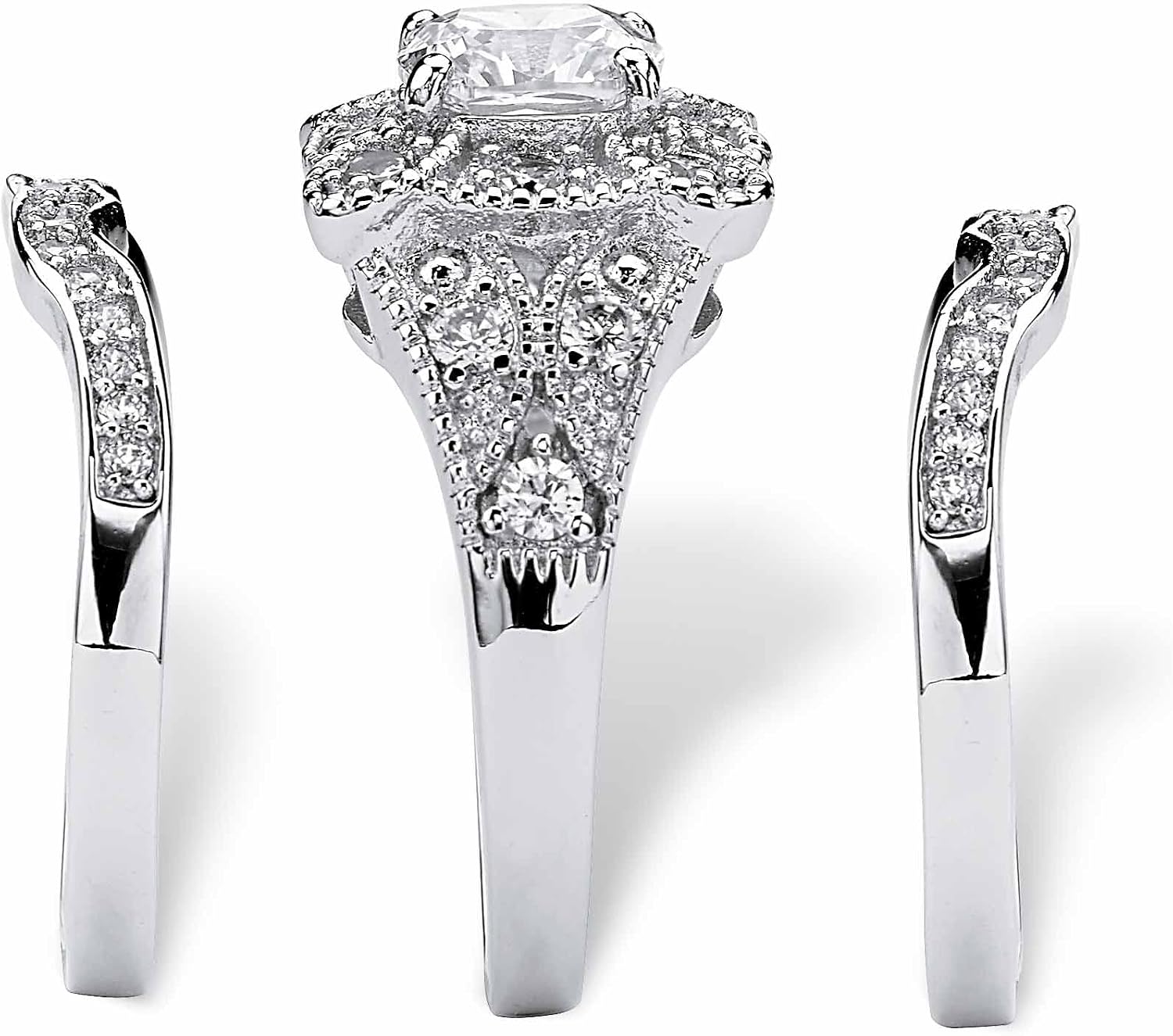 PalmBeach Platinum-plated Sterling Silver Cushion Cubic Zirconia Vintage Clover Motif Bridal Ring Set Sizes 6-10