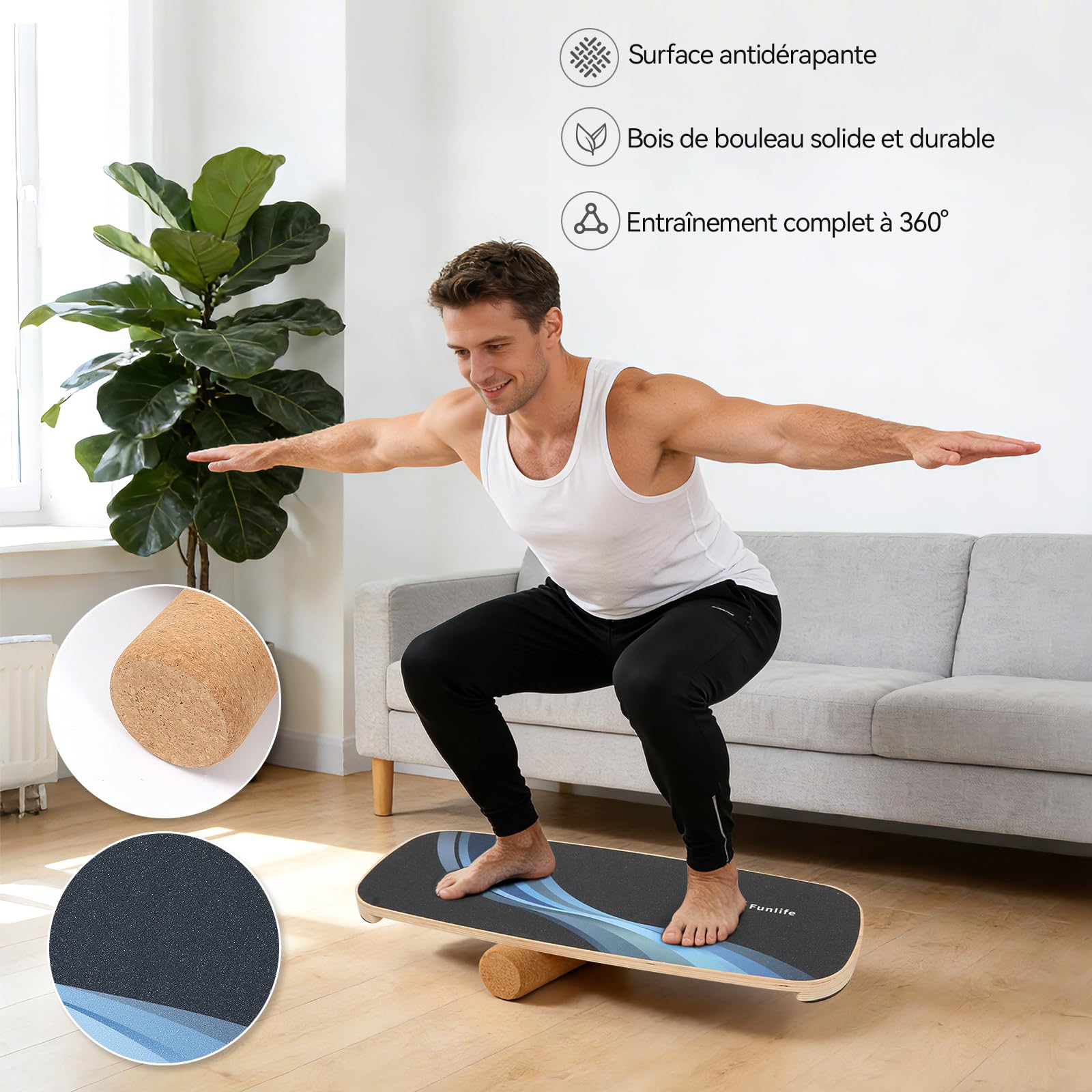 FunLife Planche d'équilibre en bois – Entraînement de base, fitness et stabilité