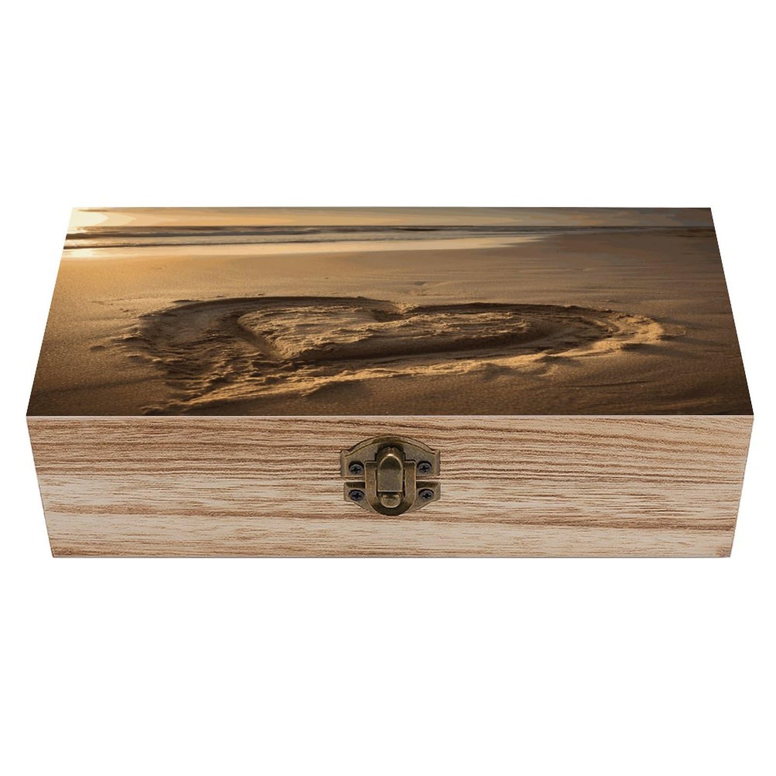 Btcowzrv Style Hearts Drawn On The Beach Wooden Storage Box, Keepsake Box With Hinged And Retro Lock, Wood Jewelry Organizer For Photos & Mementos And Home Decor
