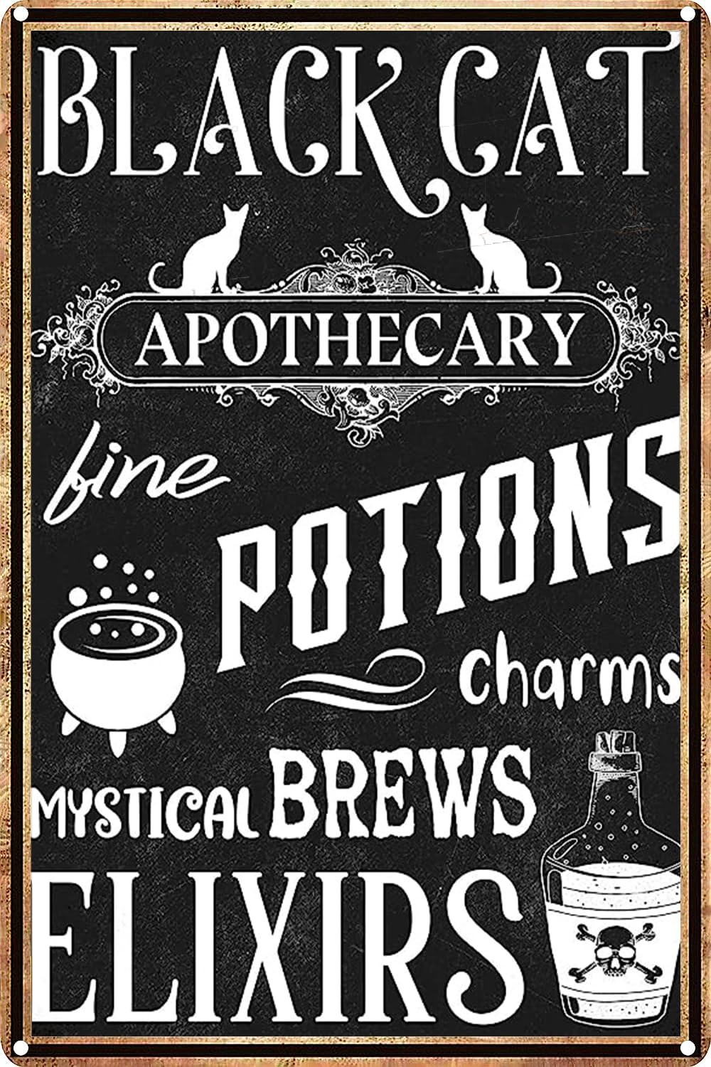 Black Cat Apothecary Metal Sign Fine Potions & Elixirs Halloween Tin Signs for Kitchen Home Office Bar Cafe Decor 8x12 Inch