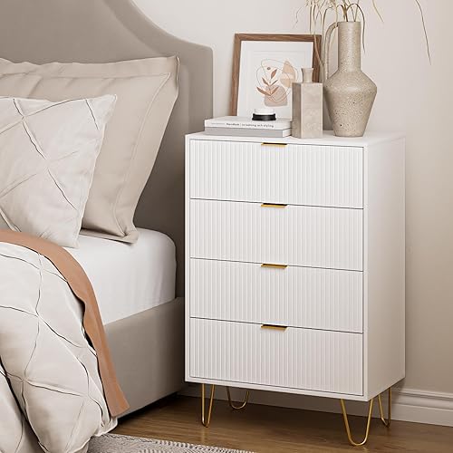 Miniatura 4 de AEPOALUA Cómoda de 4 cajones, cajón, armario de almacenamiento alto con asas doradas, cómoda blanca para dormitorio, sala de estar, armario,