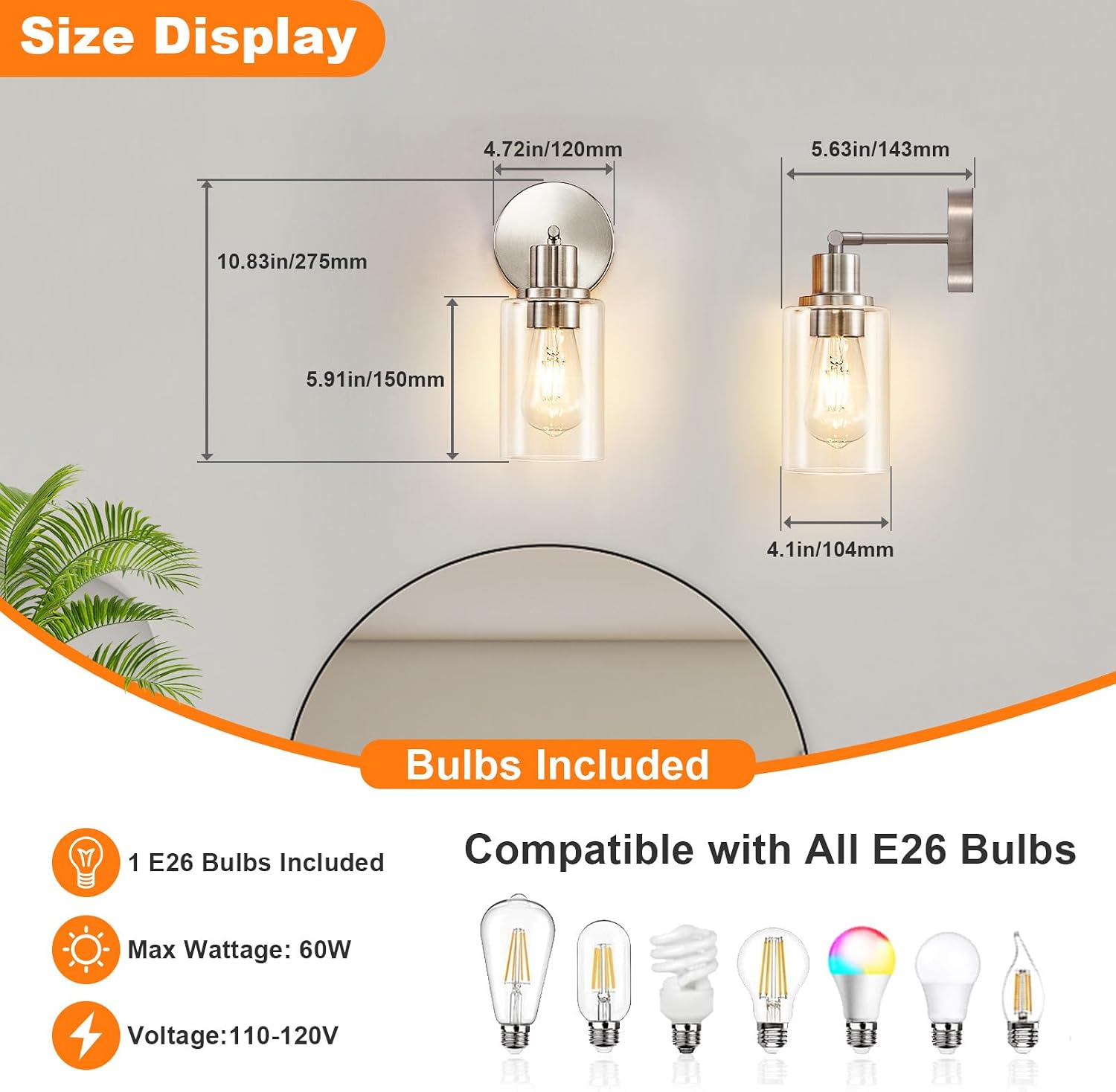 DLLT Wall Sconces Set of Two: Modern Bathroom Vanity Light Fixtures - Nickel Vanity Lights with Clear Glass Shade - Farmhouse Wall Lamp for Bedroom Living Room Mirror Hallway Kitchen