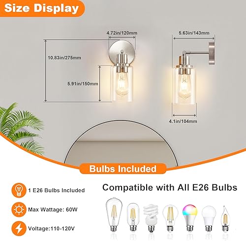 Miniatura 7 de DLLT - Lámpara de pared moderna de 3 luces, luz de tocador de baño sobre espejo con 3 pantallas de vidrio transparente, lámpara de pared dorada para