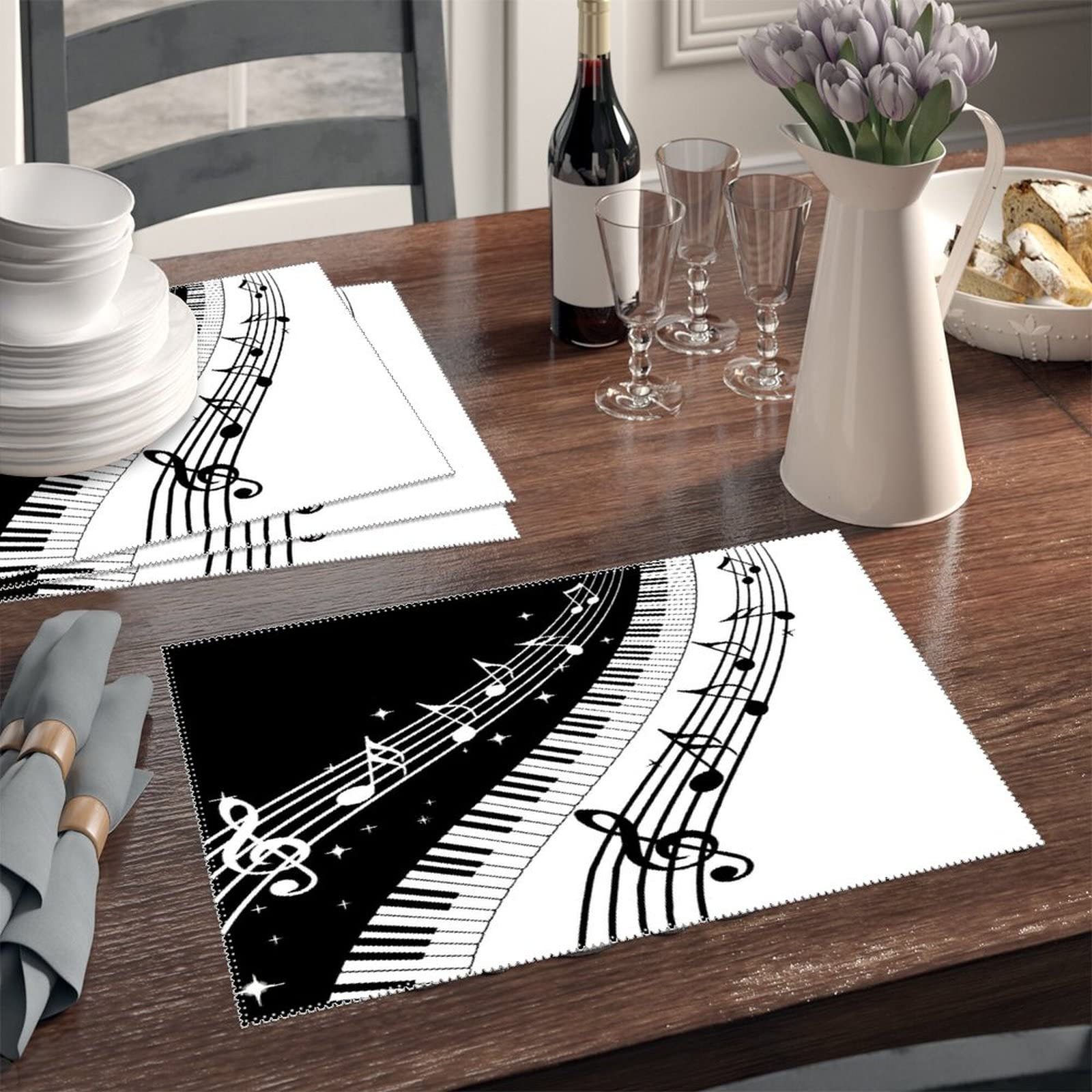 Pianotoetsen Zwart Wit Placemats Set van 4 Wasbare Tafelmatten 45x30cm Geschikt voor Keuken Indoor Outdoor Dineren 45x30 cm
