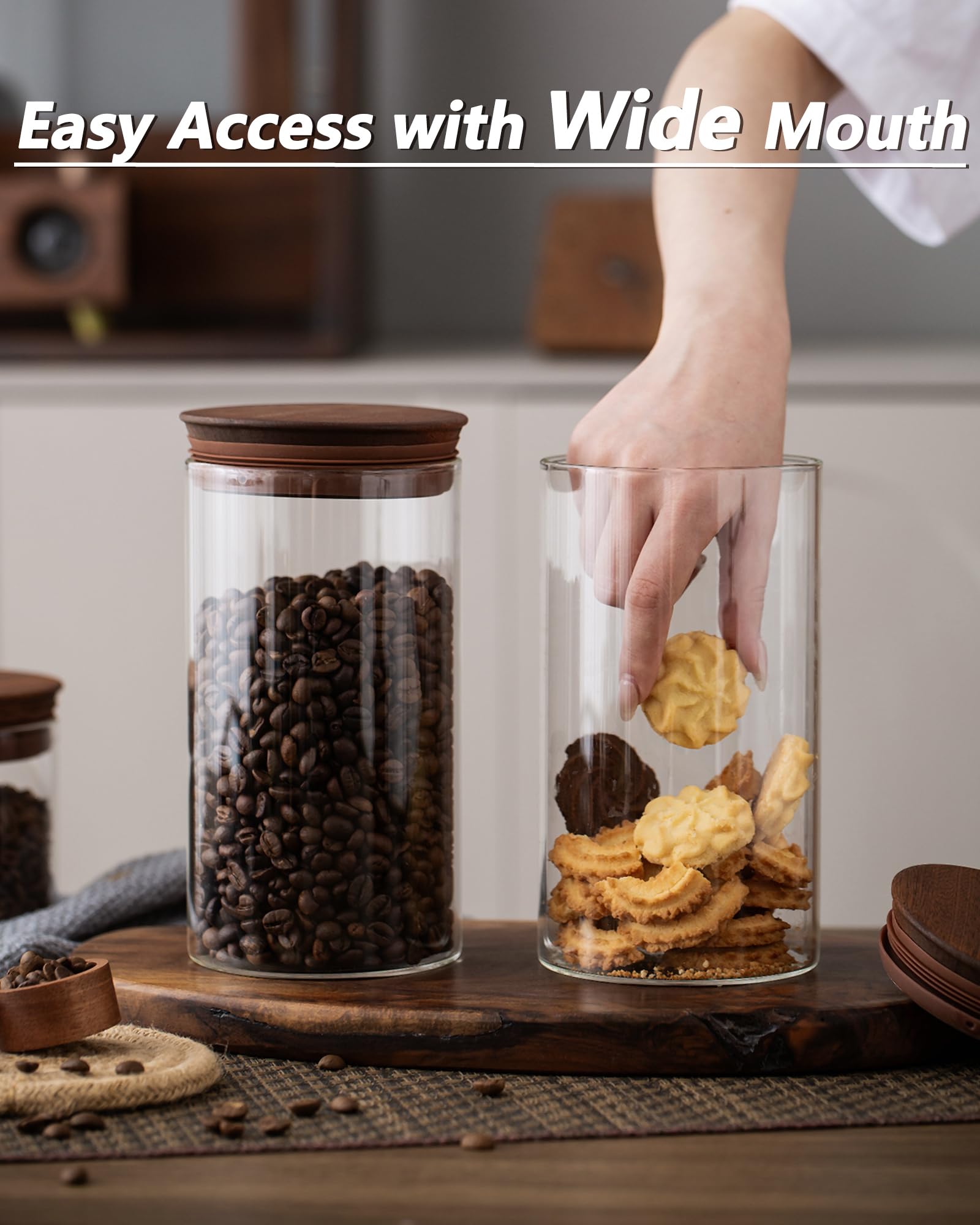 1100 ml Kaffeedose mit Schaufel und Holzdeckel, luftdichter Kaffeesatzbehälter, 2er-Set, Glas-Vorratsdose für Cafébohnen, Aufbewahrungsbar, Bar-Organizer