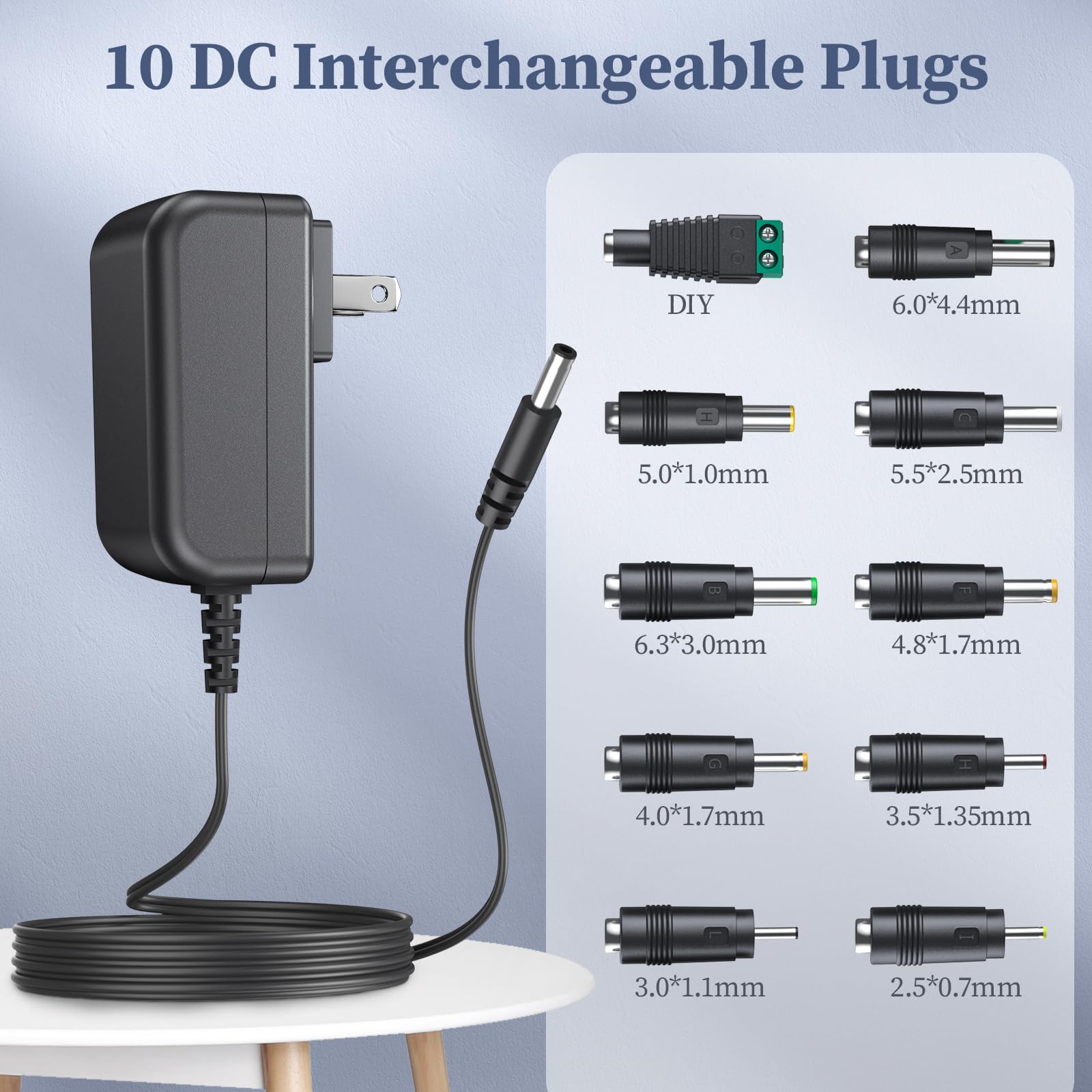 Fuente de alimentación de 10 V, 1,8 A, 1,5 A, 1 A, cargador de 10 voltios, 1800 mA, 18 W, conmutación regulada, adaptador de cable de CA a CC con 10 conectores de repuesto de 100 V a 240 V,