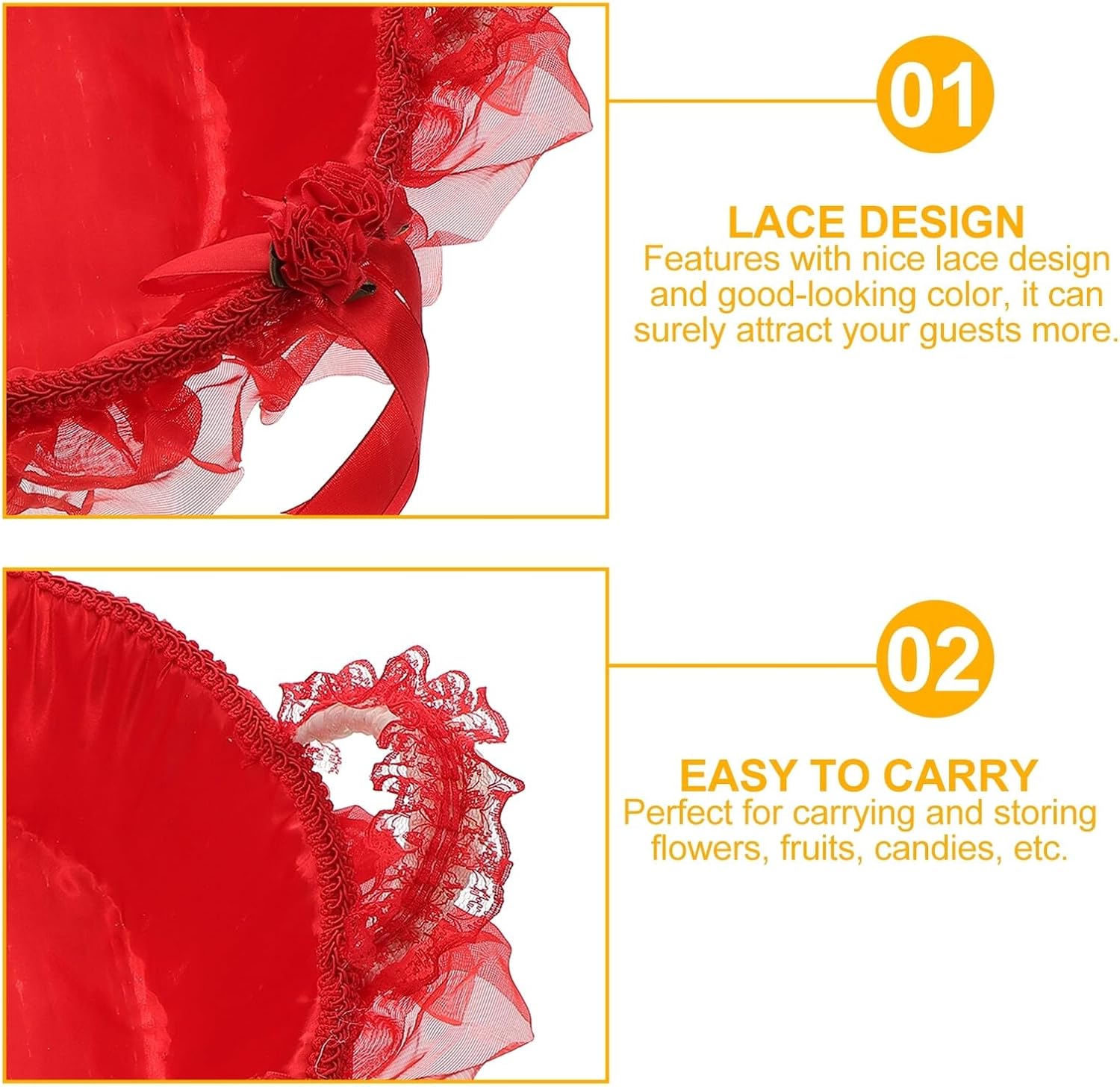 Wedding Lace Flower Girl Basket with Red Rattan Petal Holder, 33cm Diameter Decorative Sundries Container for Wedding Ceremony and Party Supplies