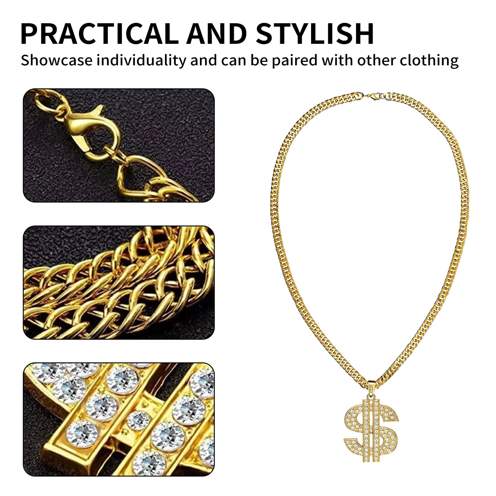 4 Pcs Hip Hop Costume Accessories Set,Fake Gold Chain Men,Halloween/Christmas/80s/90s Fancy Dress Costumes,Dollar Necklace,Dollar Ring,Hippie Glasses Mens,Accessories for Rapper/Boys/Girls Disco Party - Image 3