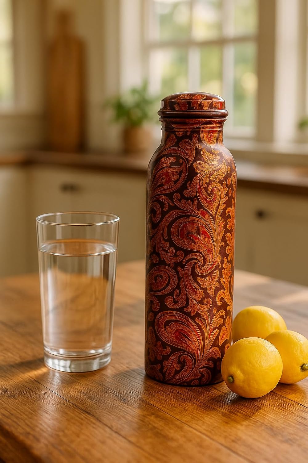 Pure Copper Water Bottle - 32 oz Golden Paisley | Handmade Ayurvedic Copper Bottle | Leak-Proof, BPA-Free | Perfect for Gifting