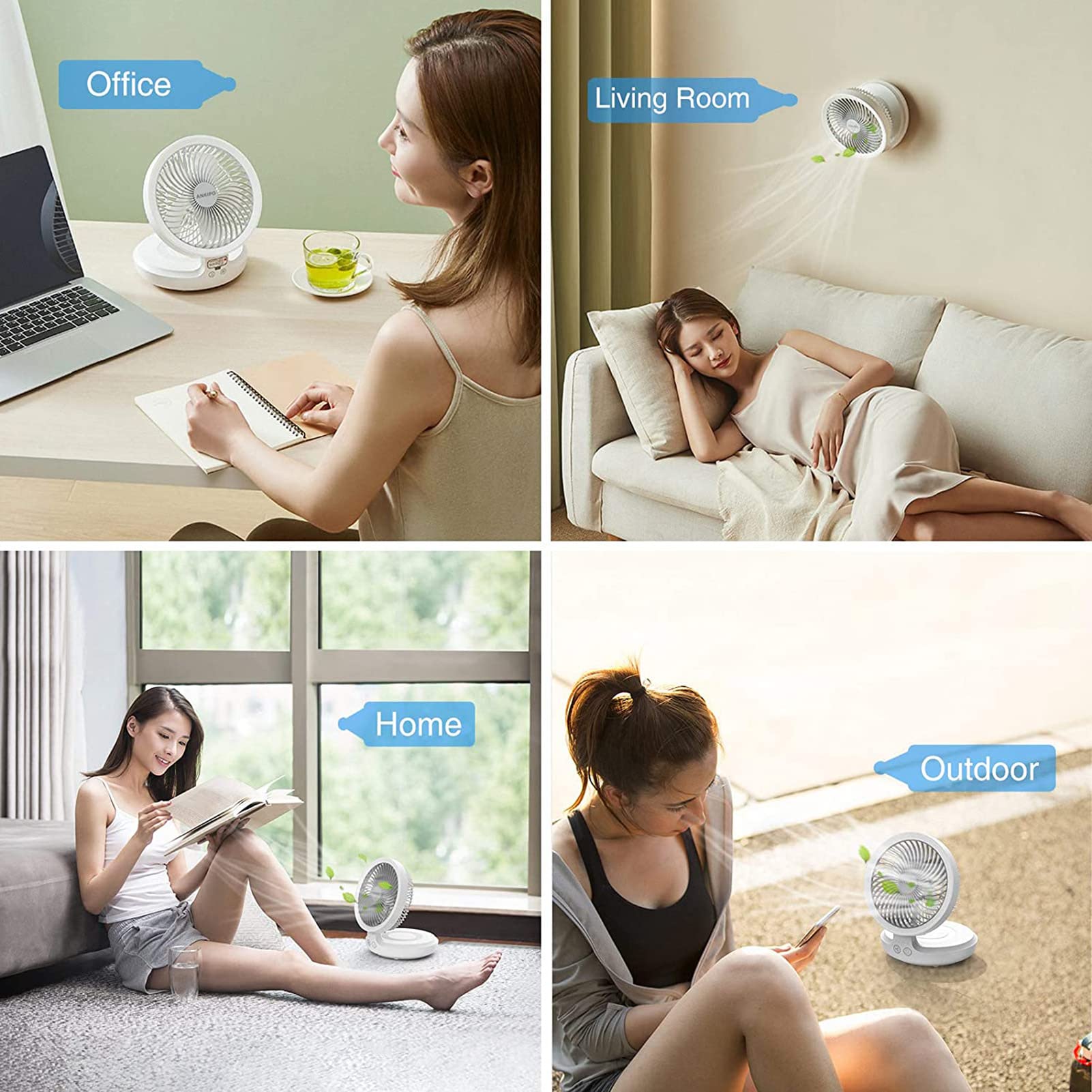 Ventilatore Portatile, con Telecomando Ventilatore da Tavolo E da Pavimento con 4 Impostazioni di velocità, Altezza Regolabile E Pieghevole Ventilatori USB con Luce Notturna,Bianca